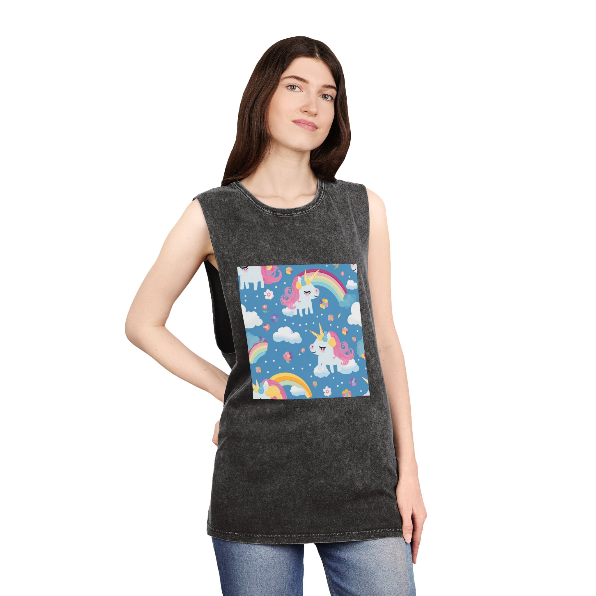 Playful Unicorns Flowers Clouds Rainbows Ice Creams Pastel Background (17) Unisex Stonewash Tank Top - Image 4
