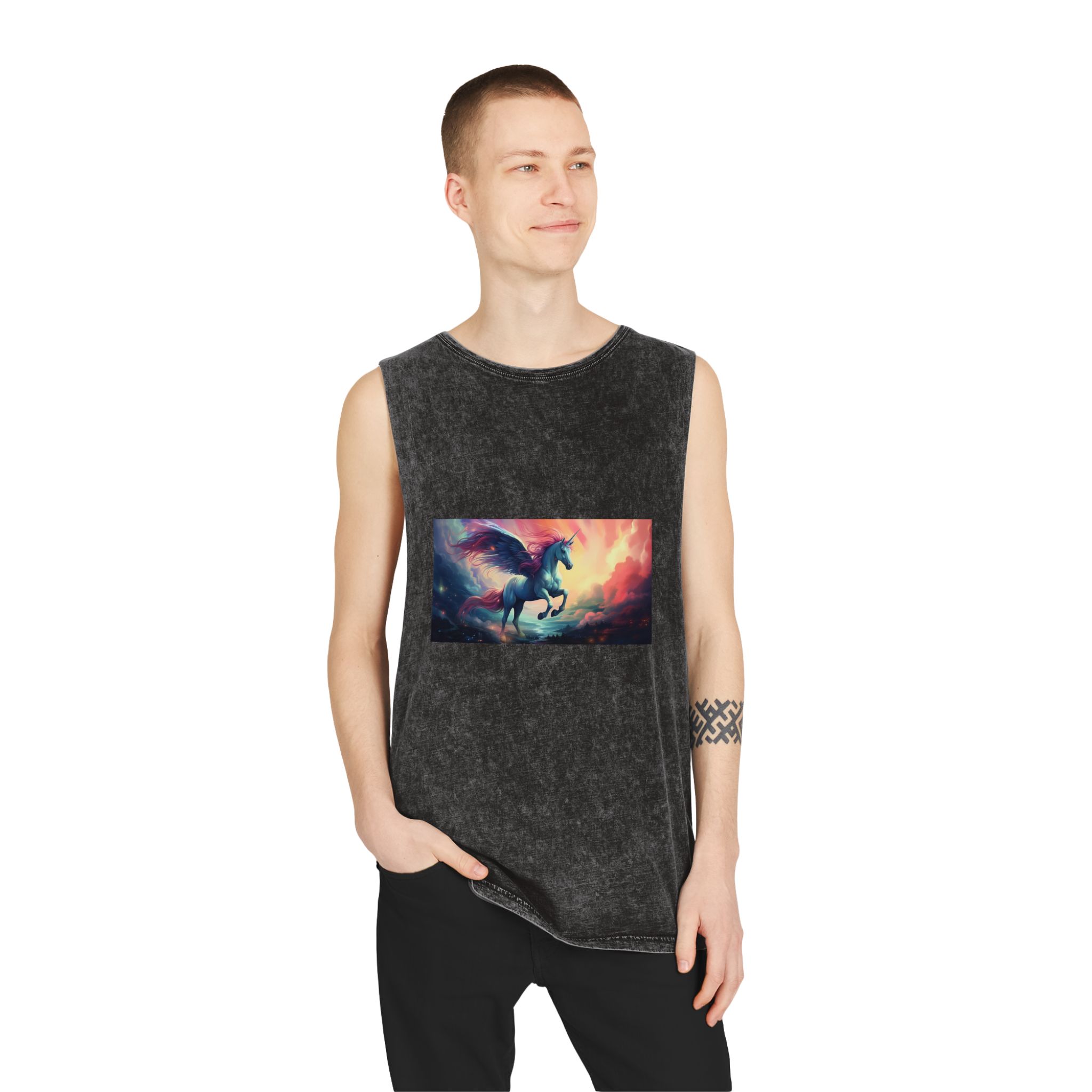Painting Unicorn With Wings Flying Lake Generative Ai Unisex Stonewash Tank Top - Image 3