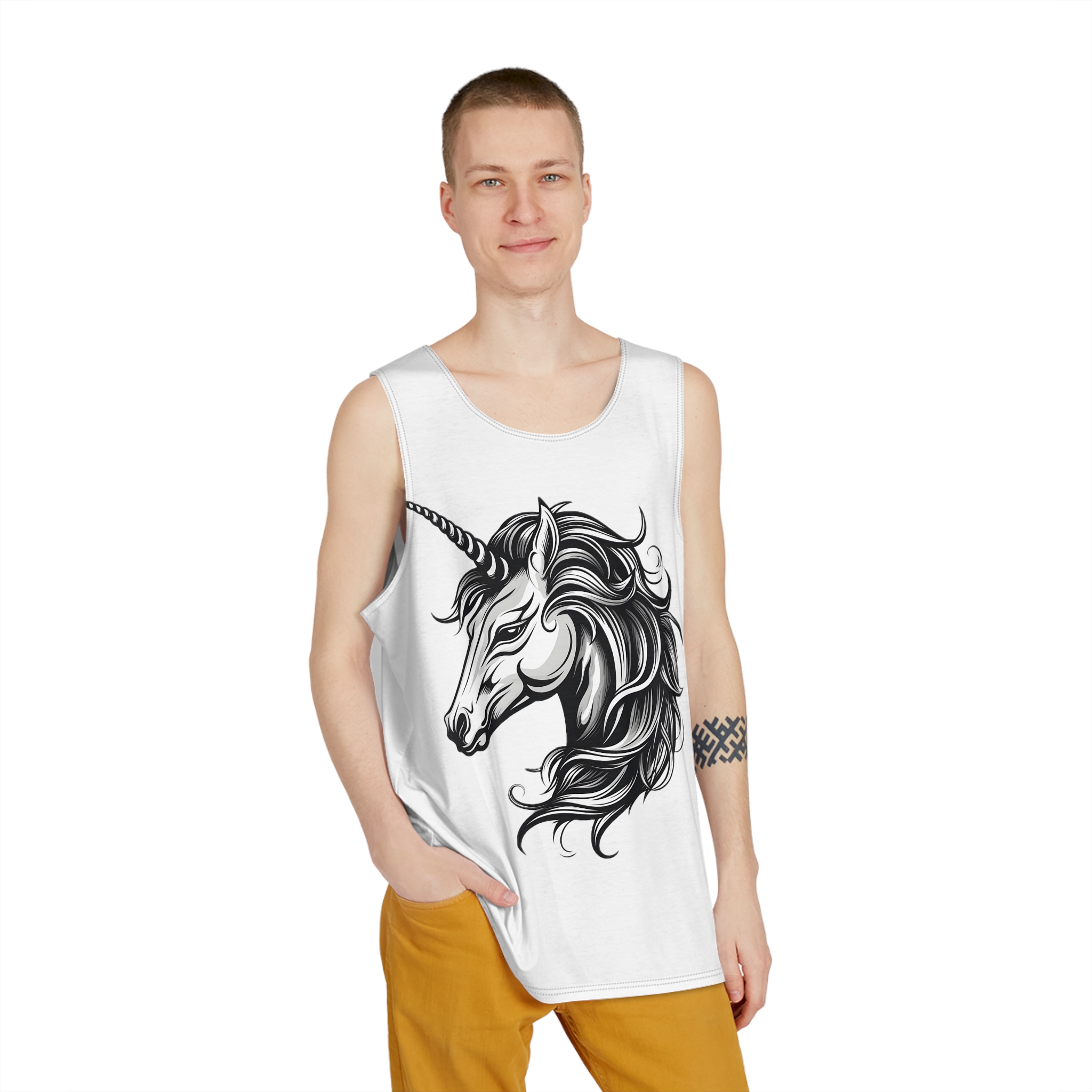 Unicorn Head Tshirt Tattoo Design Dark Art Illustration Isolated White (2) Mens Tank Aop - Image 3