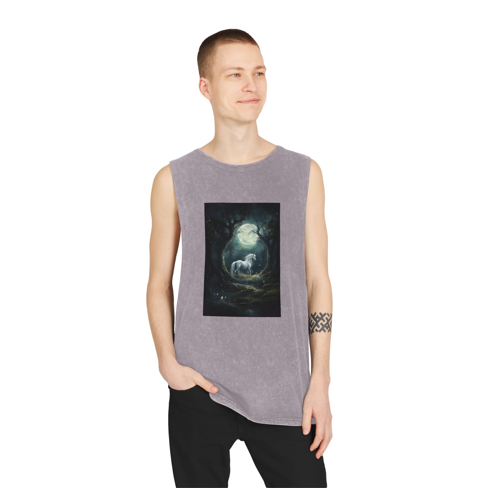 Unicorn Forest With Full Moon Background Unisex Stonewash Tank Top - Image 19