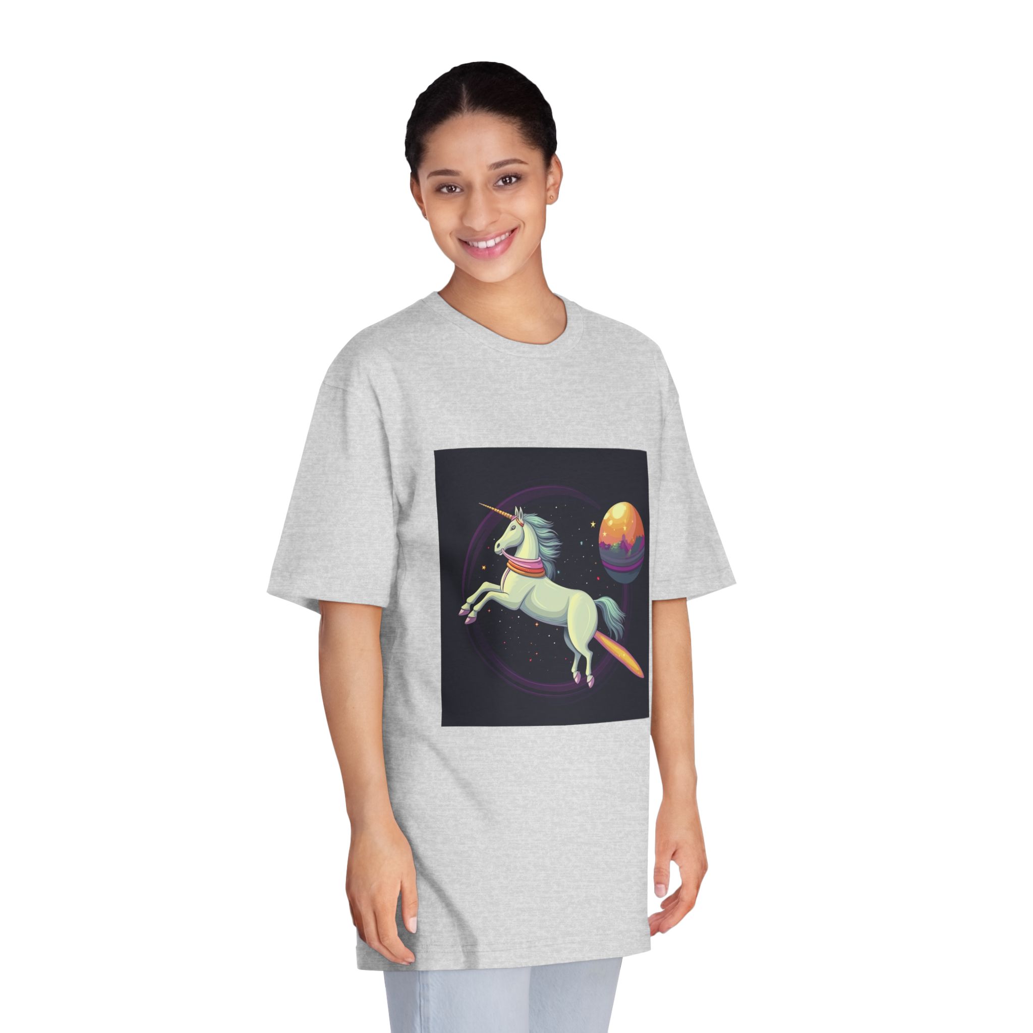 Unicorn With Long Tail Is Flying Through Circle With Moon Stars Unisex Classic Crewneck T Shirt - Image 15
