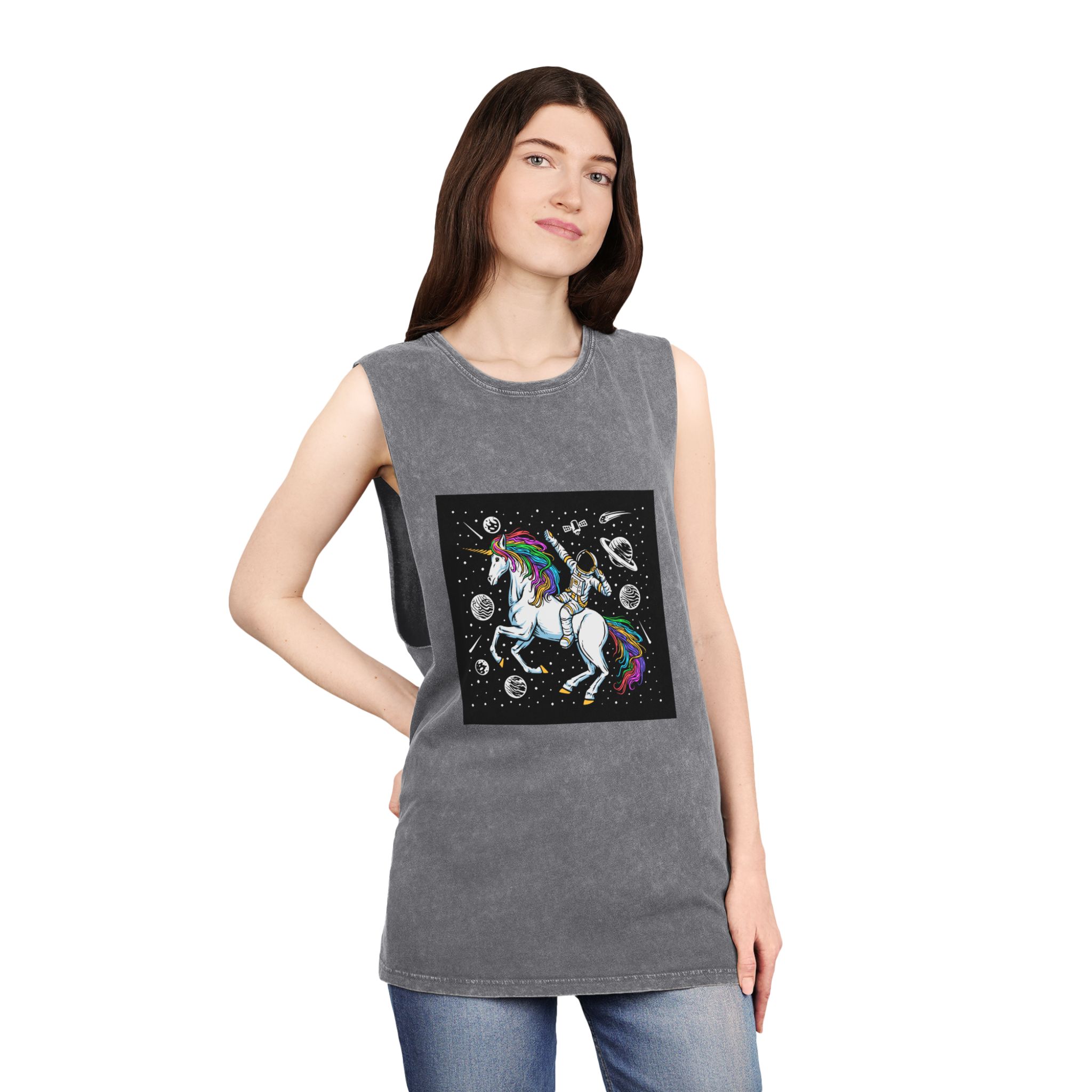 Astronaut Unicorn Unisex Stonewash Tank Top - Image 12