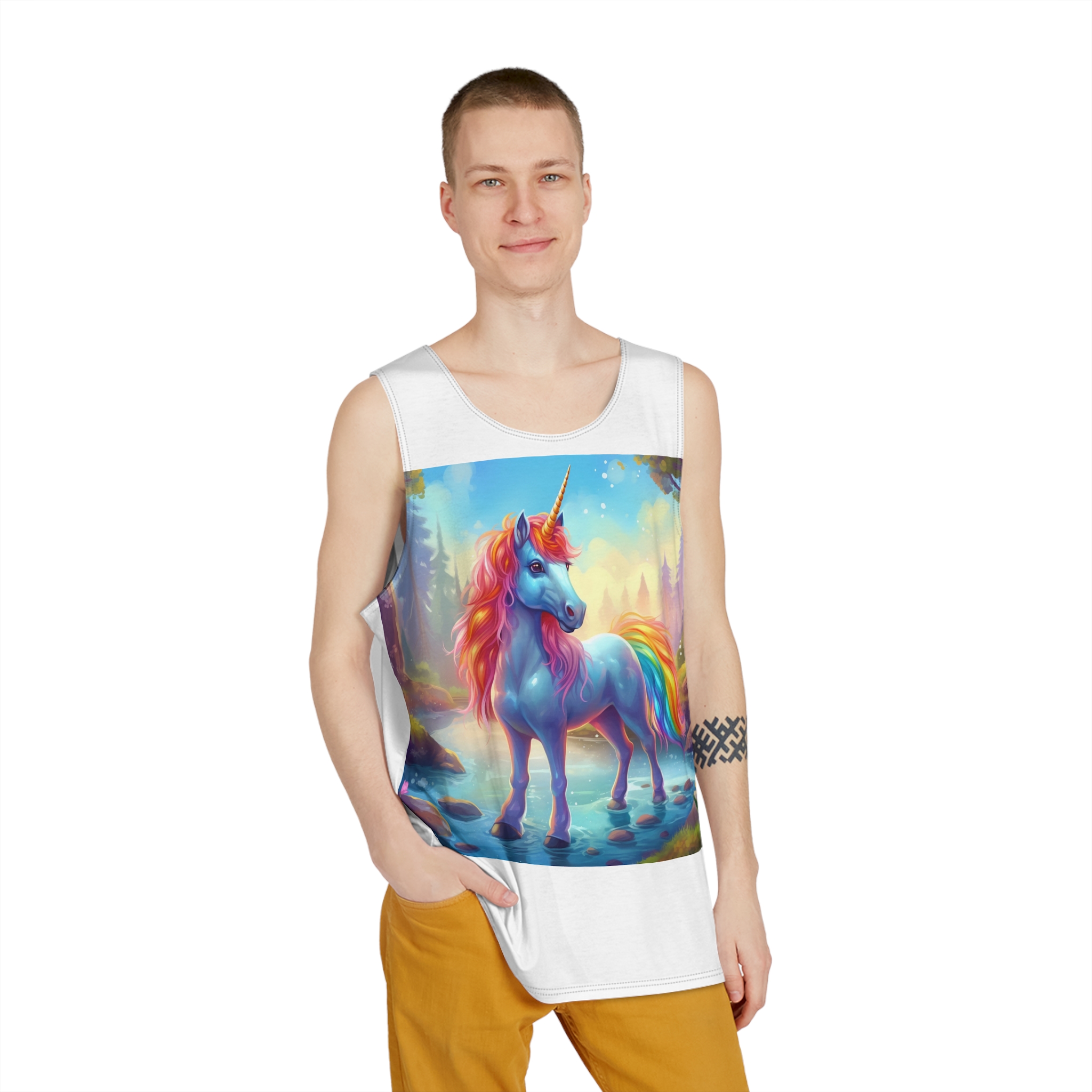 Unicorn Standing Stream Water Forest Generative Ai Mens Tank Aop - Image 3