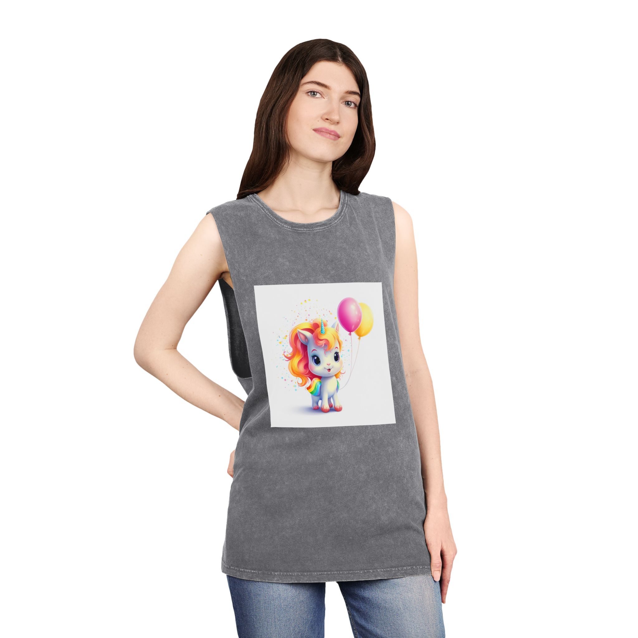 Cartoon Unicorn With Rainbow Mane Balloon Generative Ai (1) Unisex Stonewash Tank Top - Image 12
