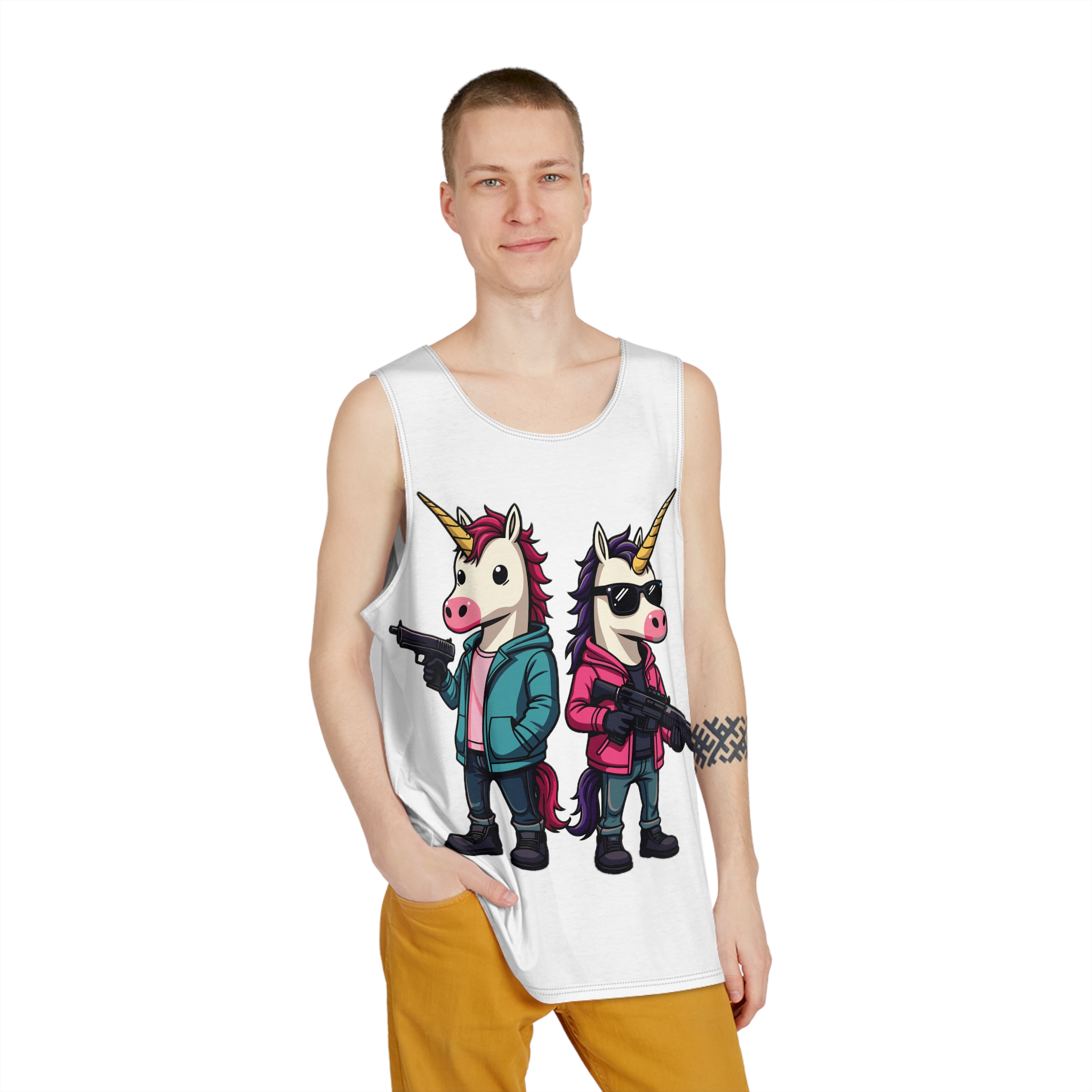 Two Unicorns With Horns Horns Standing Each Other Mens Tank Aop - Image 3