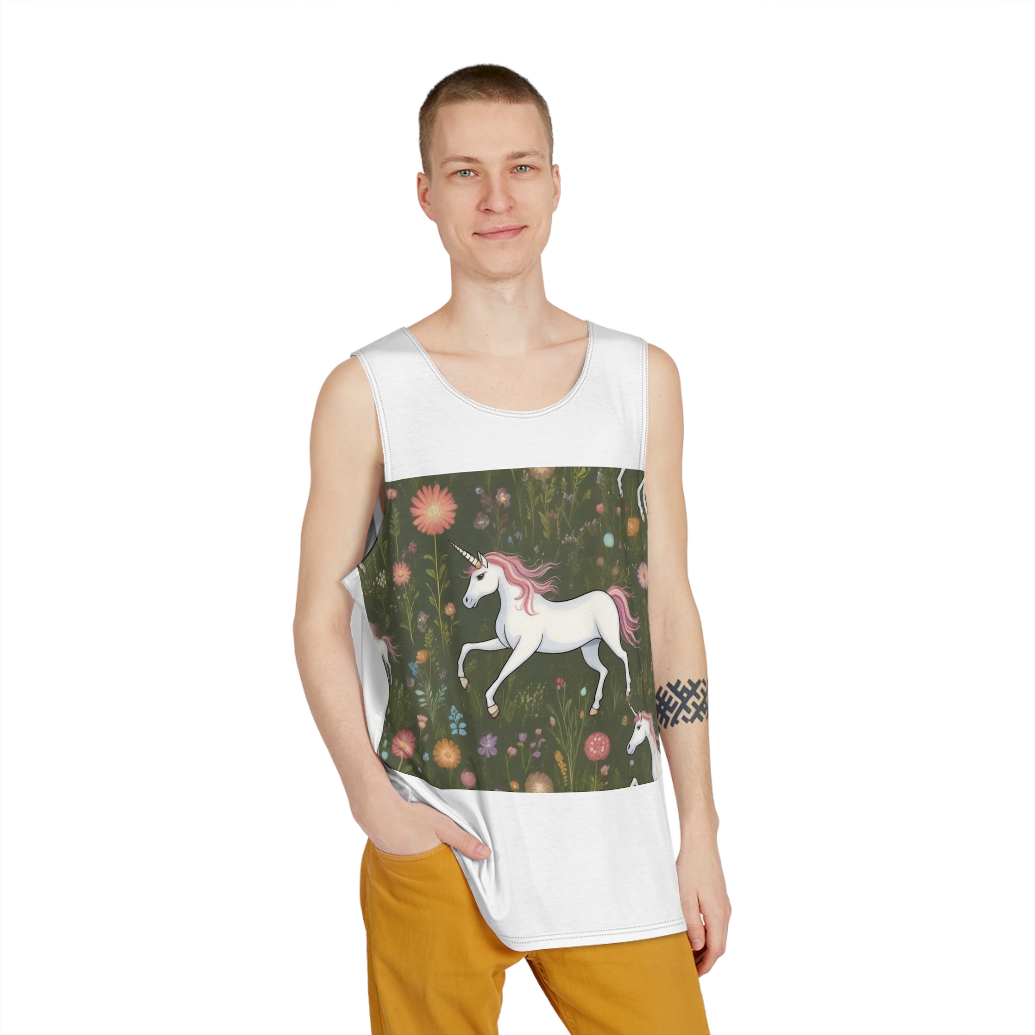 Beautiful Unicorn Running Magical Meadow Unicorn Background Images Whimsical Unicorn (56) Mens Tank Aop - Image 3