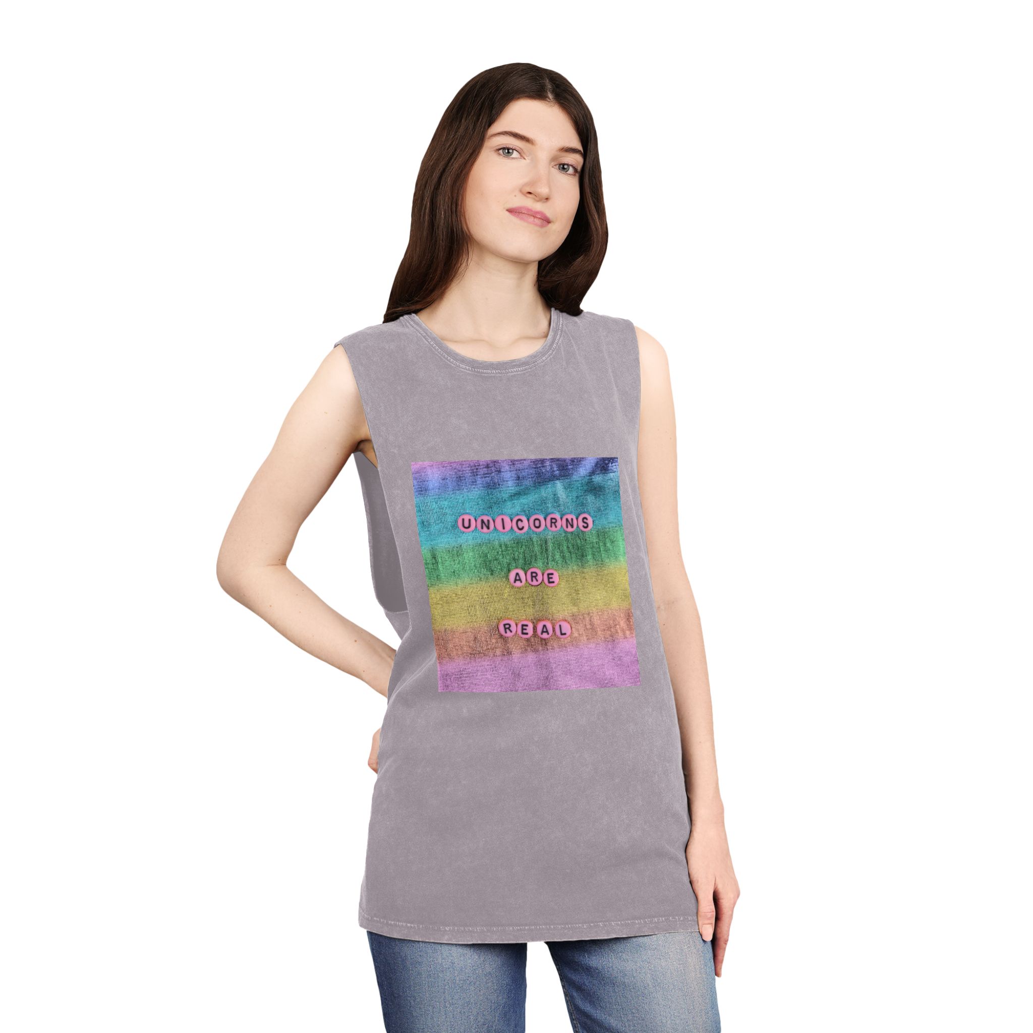 Pink Unicorns Are Real Beads Message Typography Unisex Stonewash Tank Top - Image 20