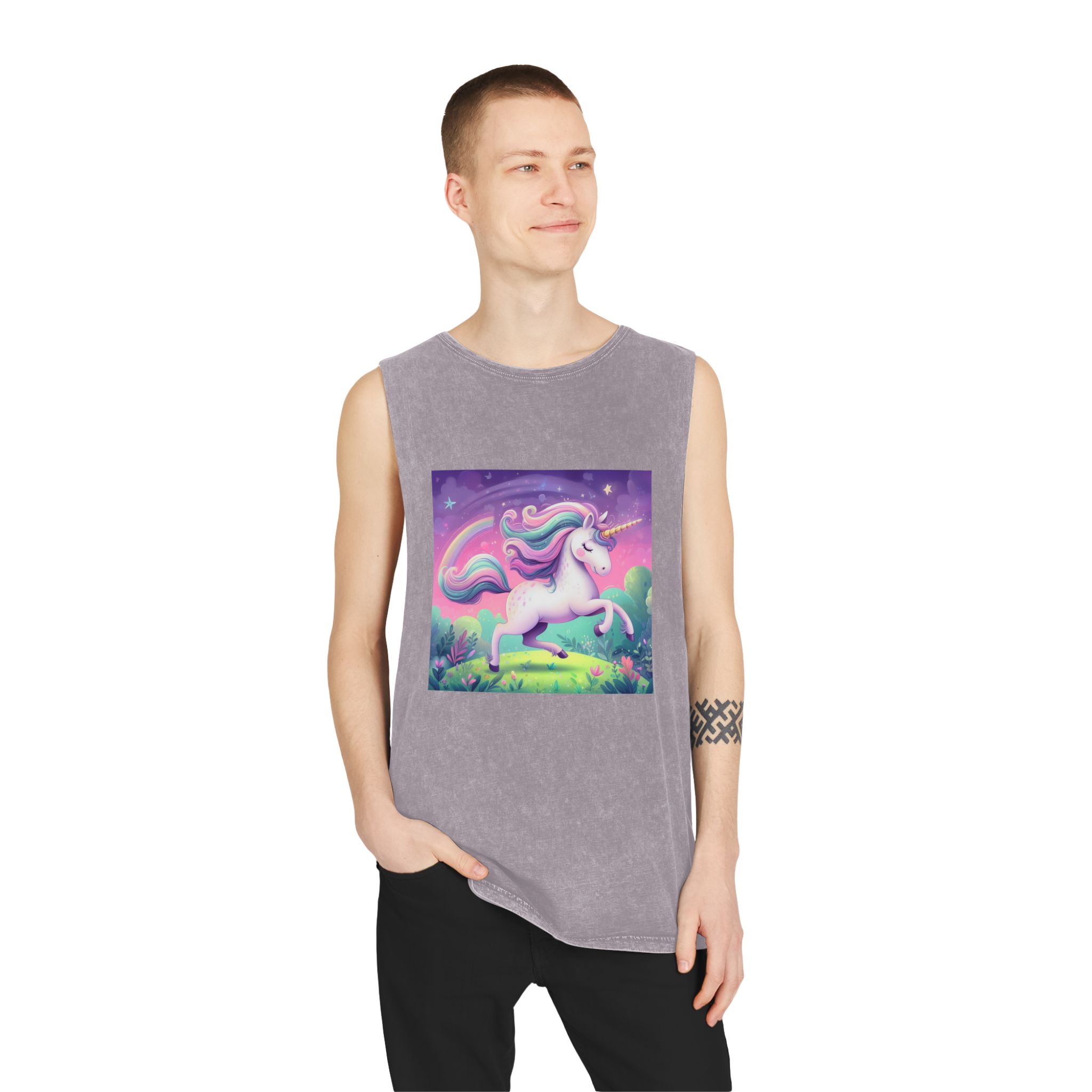 Beautiful Unicorn Running Magical Meadow Unicorn Background Images Whimsical Unicorn (12) Unisex Stonewash Tank Top - Image 19