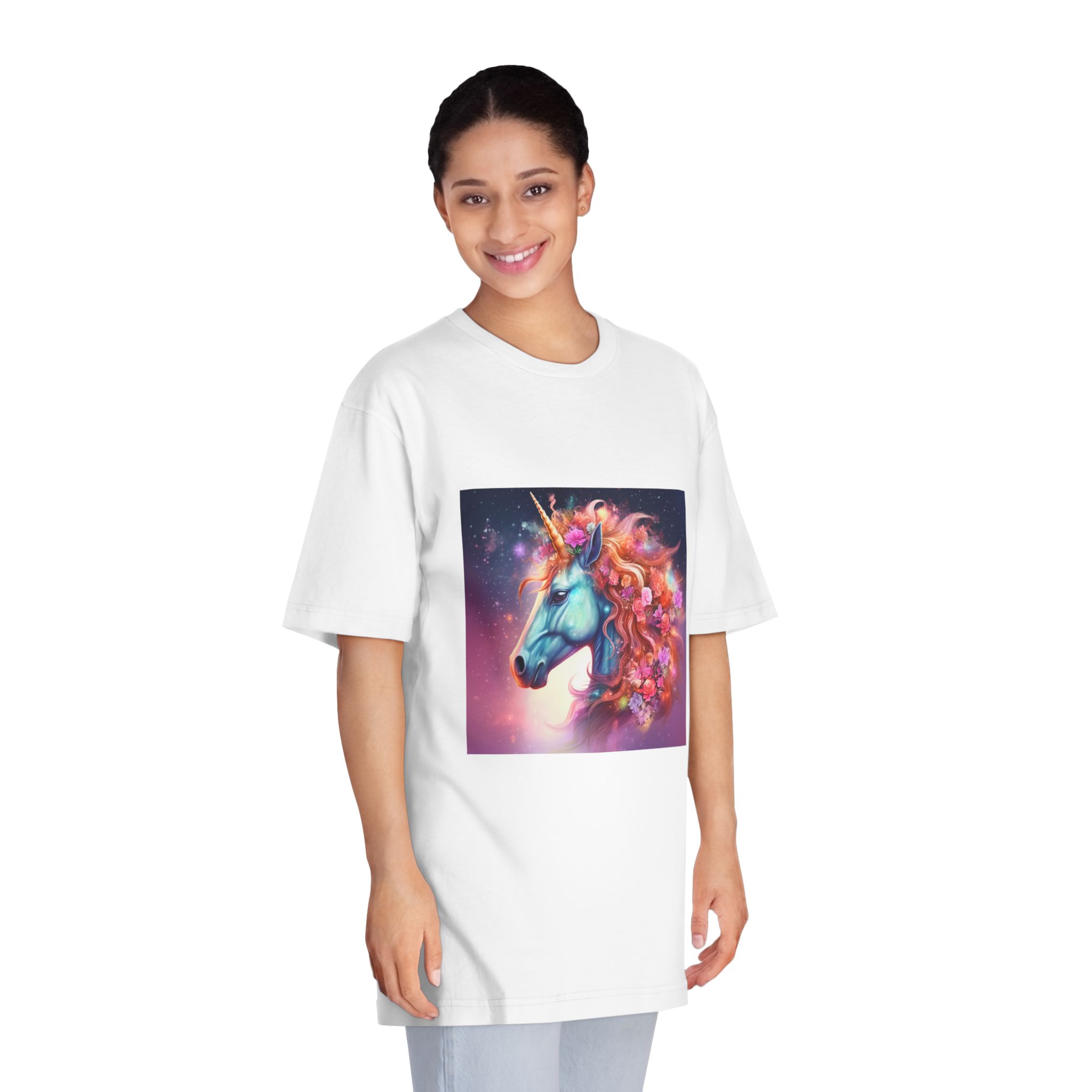 Unicorn With Flowers Its Mane Star Background Generative Ai Unisex Classic Crewneck T Shirt - Image 3