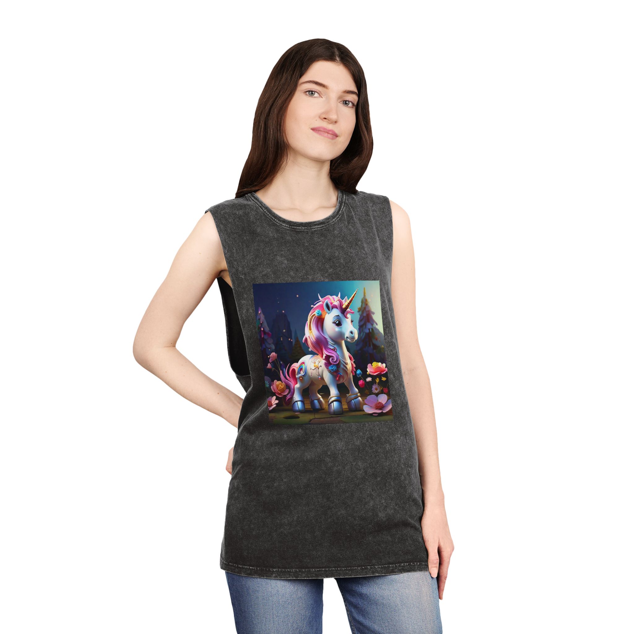 Animated Unicorn Children Generated By Ai (16) Unisex Stonewash Tank Top - Image 4