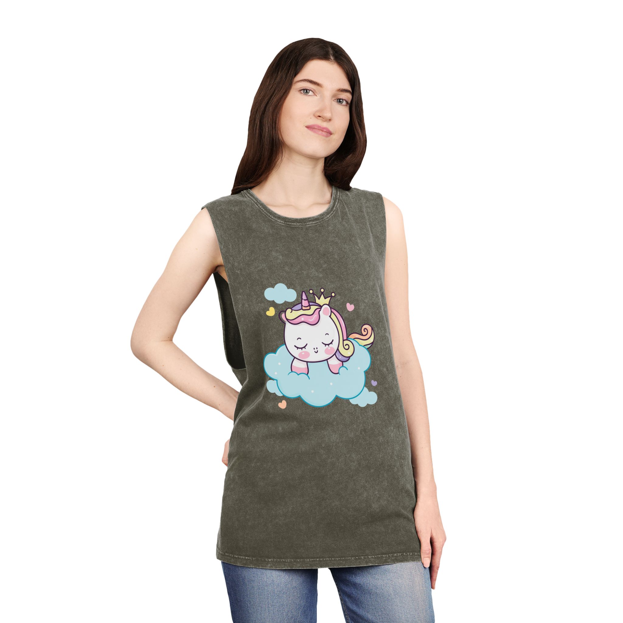 Cute Unicorn Princess Cartoon Sleep Cloud Kawaii Clipart Unisex Stonewash Tank Top - Image 8