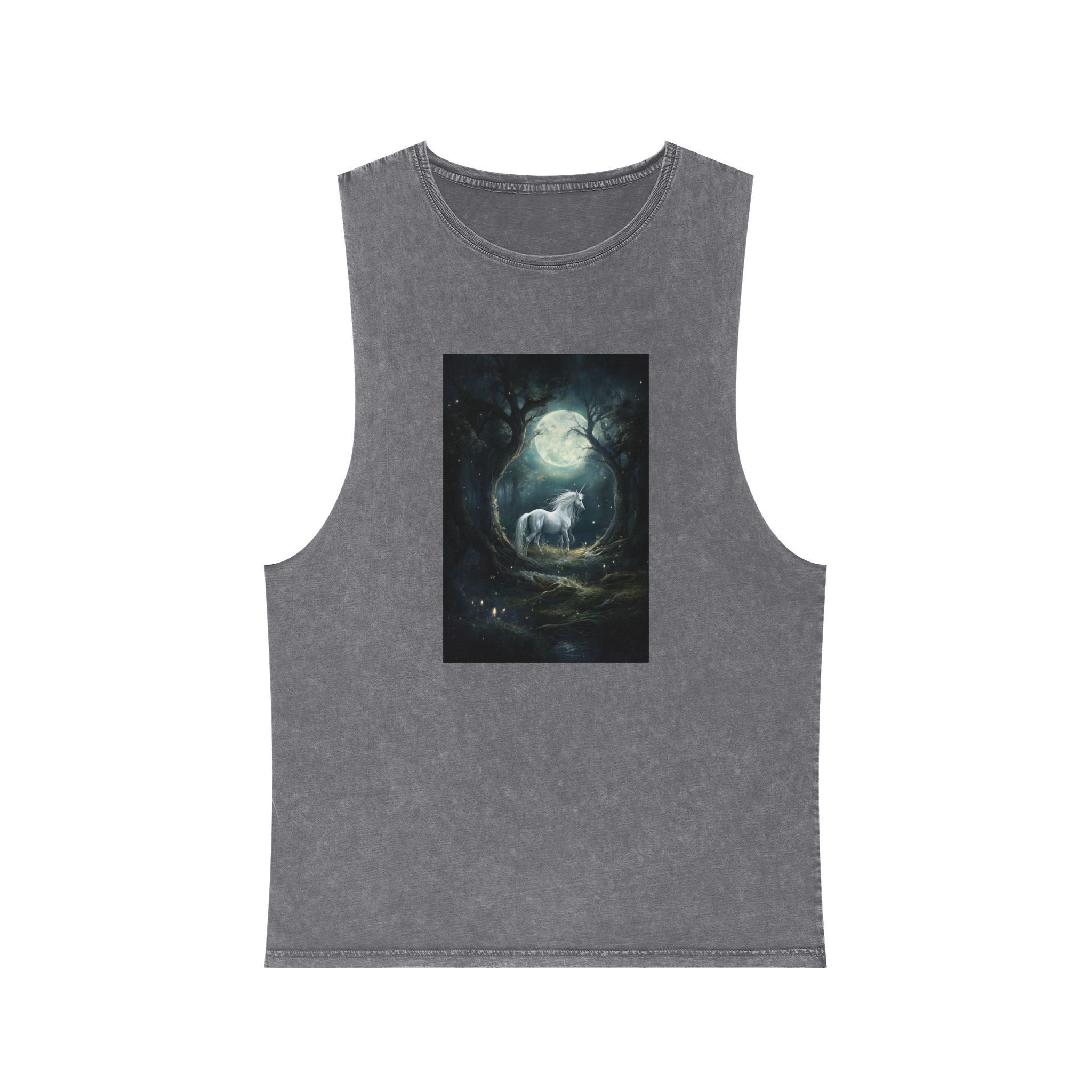 Unicorn Forest With Full Moon Background Unisex Stonewash Tank Top - Image 9