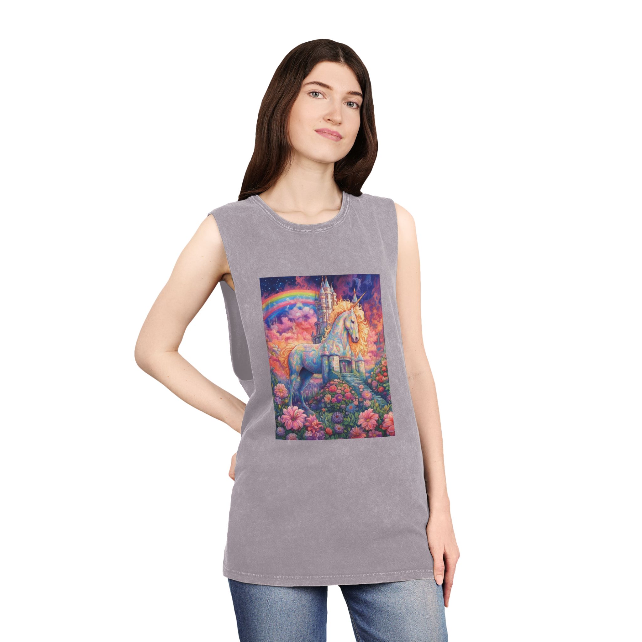 Painting Unicorn Field Flowers With Castle Background Generative Ai Unisex Stonewash Tank Top - Image 20