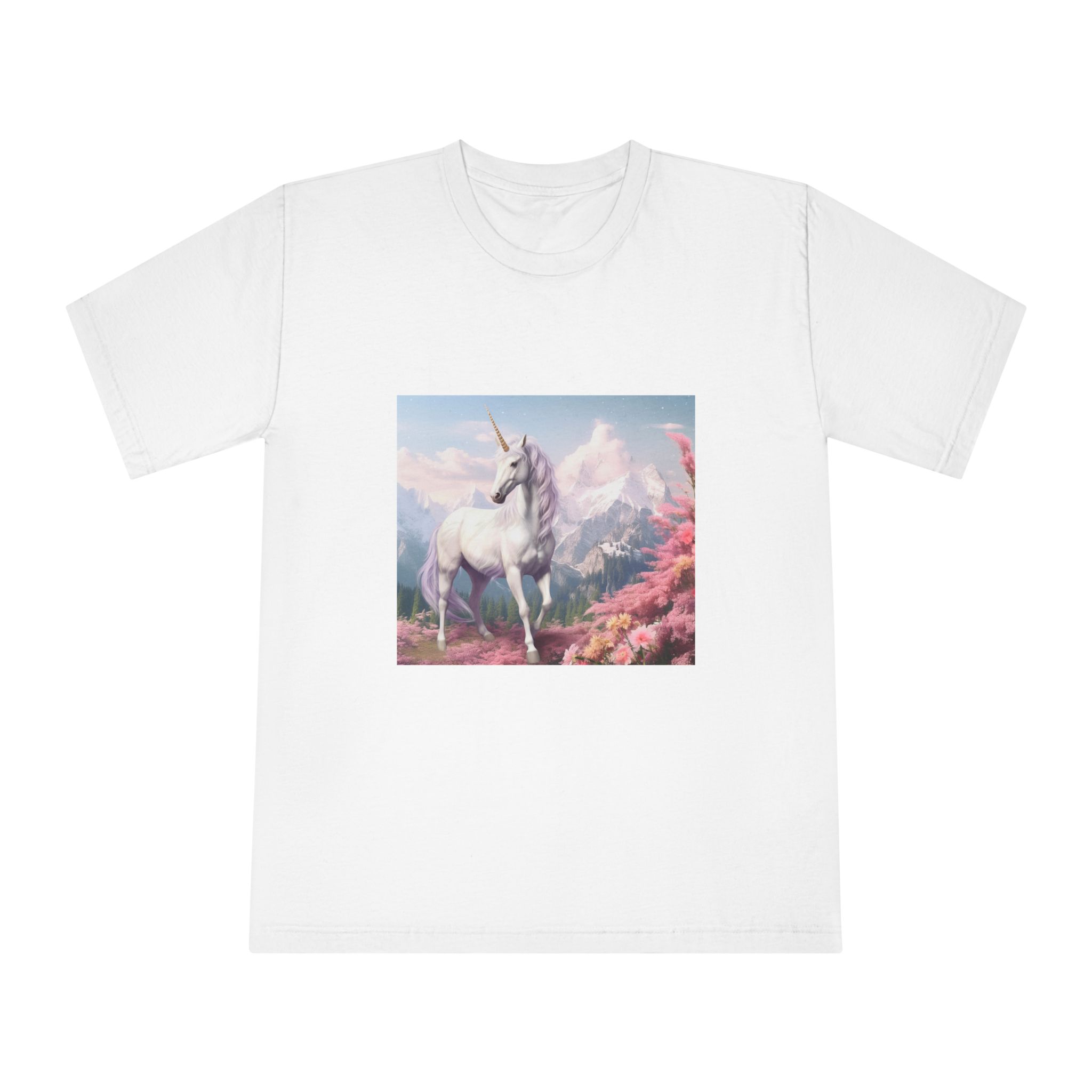 Unicorn Standing Field Flowers With Mountains Background Generative Ai Unisex Classic Crewneck T Shirt