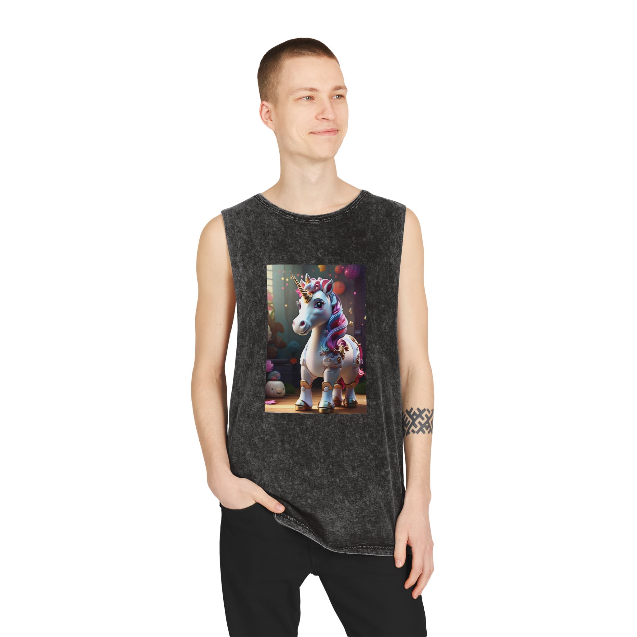 Animated Unicorn Children Generated By Ai (18) Unisex Stonewash Tank Top - Image 3
