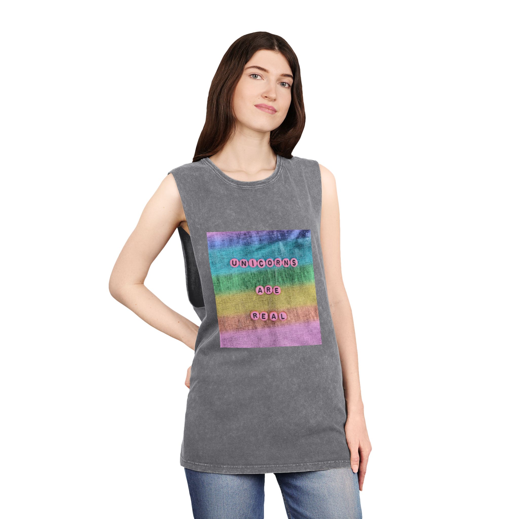 Pink Unicorns Are Real Beads Message Typography Unisex Stonewash Tank Top - Image 12