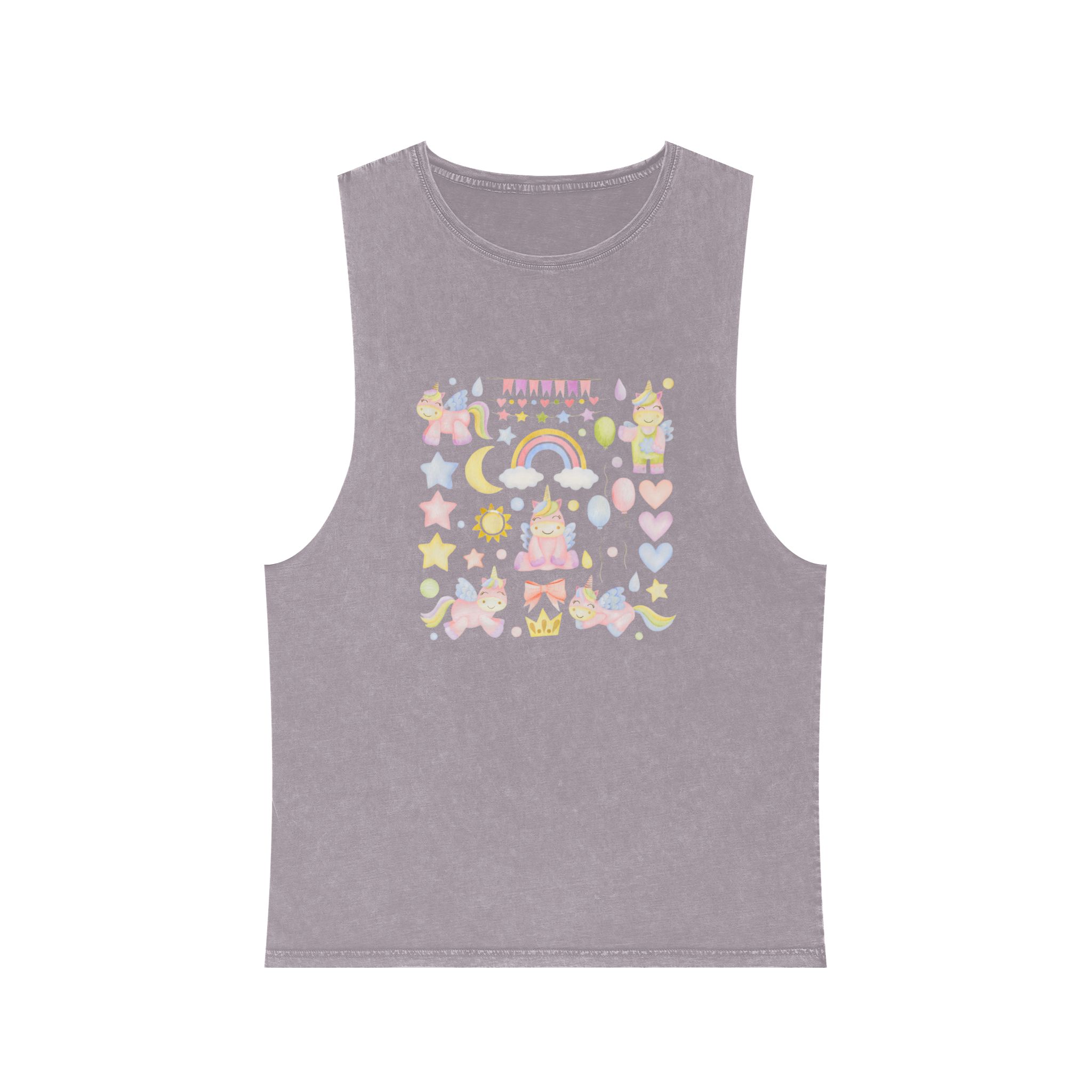 Set Watercolor Illustrations Unicorns Happy Birthday Stickers Unisex Stonewash Tank Top - Image 17