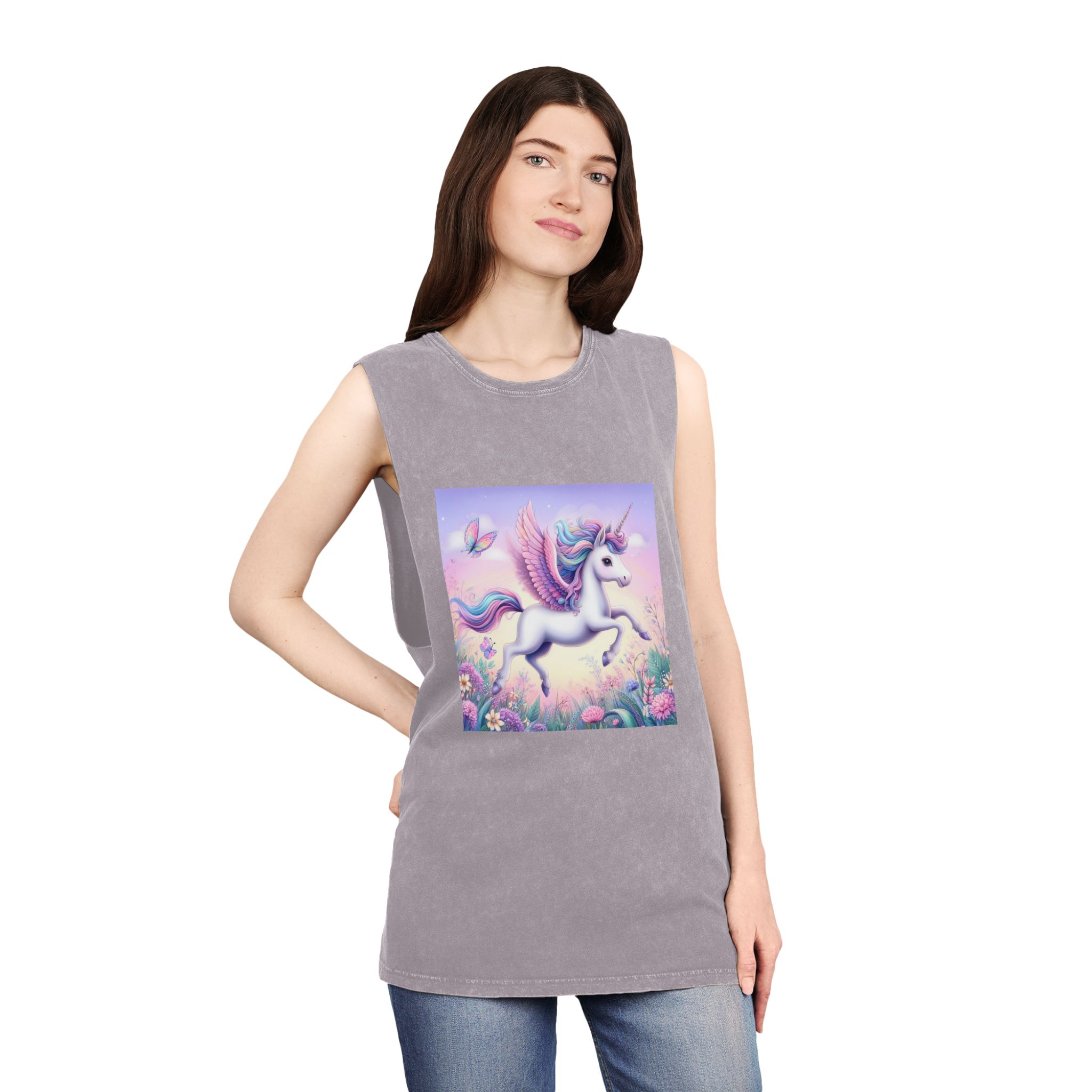 Beautiful Unicorn Running Magical Meadow Unicorn Background Images Whimsical Unicorn (1) Unisex Stonewash Tank Top - Image 20