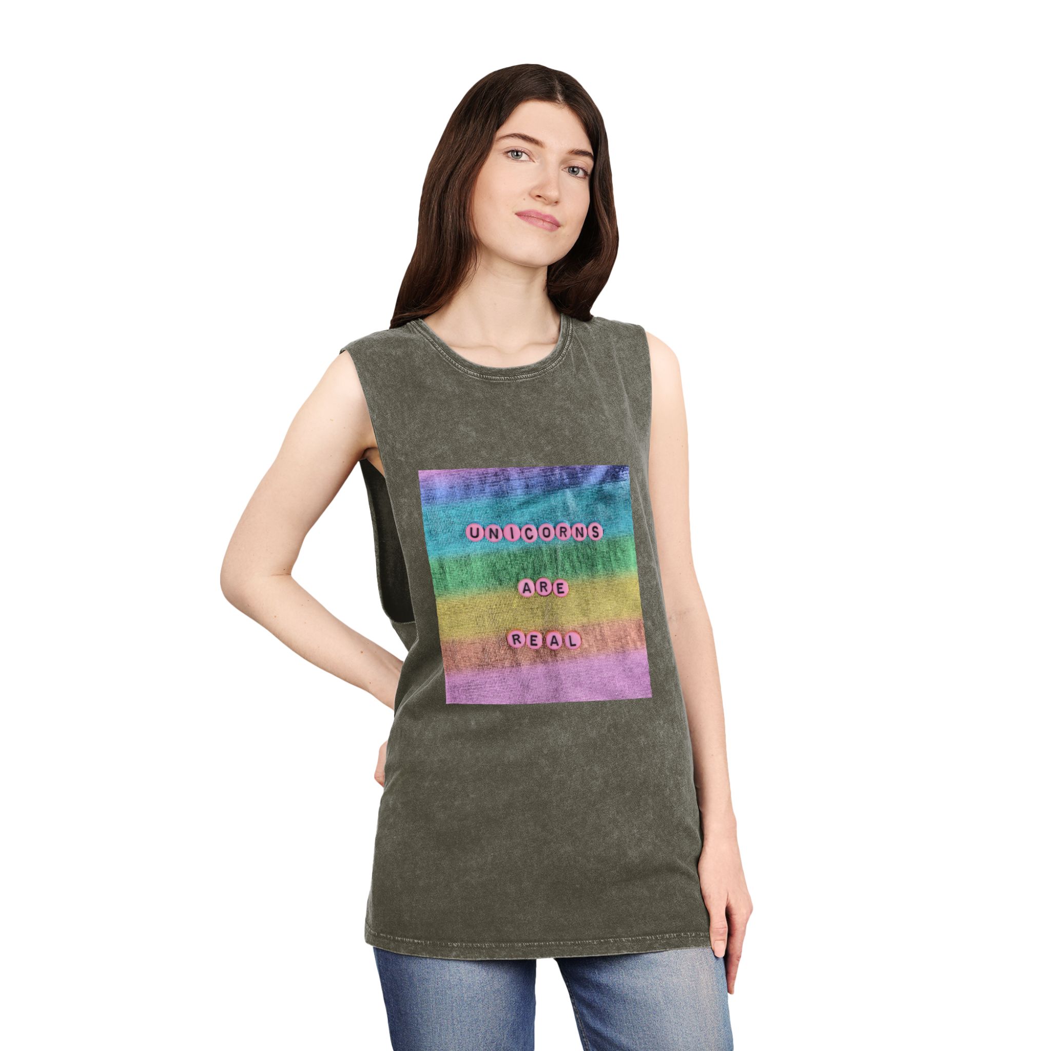 Pink Unicorns Are Real Beads Message Typography Unisex Stonewash Tank Top - Image 8