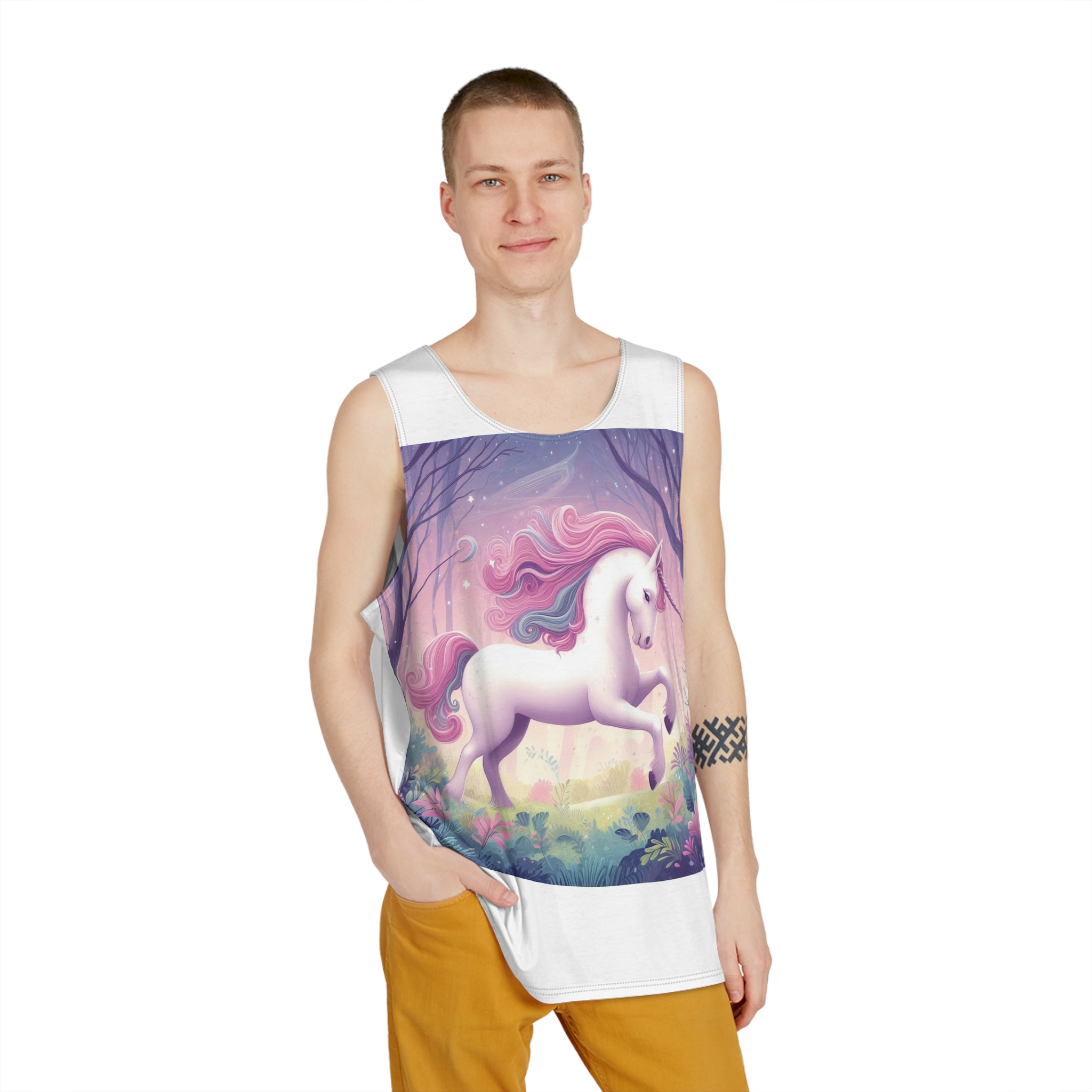Beautiful Unicorn Running Magical Meadow Unicorn Background Images Whimsical Unicorn (4) Mens Tank Aop - Image 3