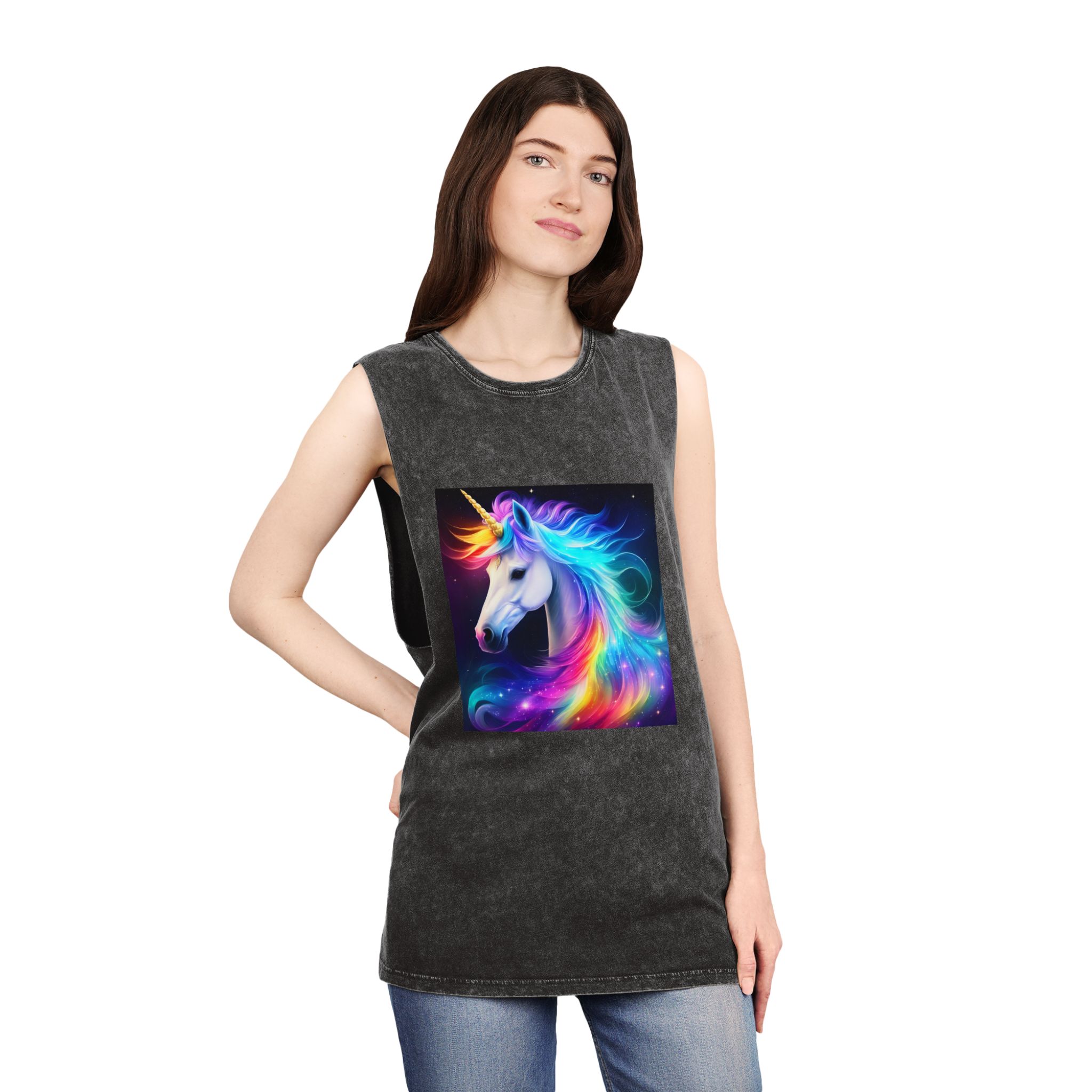 Portrait Unicorn Isolated Stars Background Generative Artificial Intelligence Unisex Stonewash Tank Top - Image 4