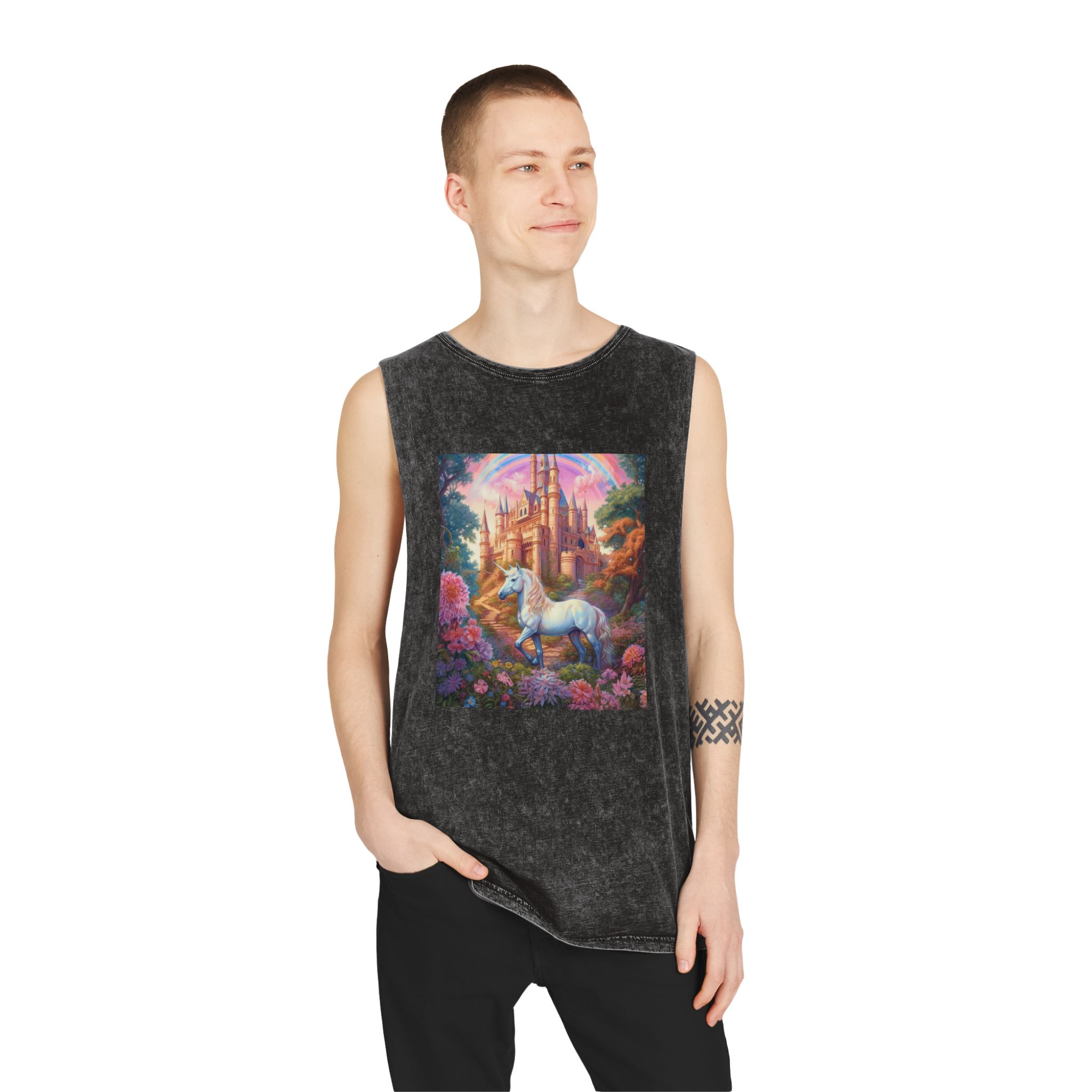 Painting Unicorn Front Castle With Rainbow Generative Ai Unisex Stonewash Tank Top - Image 3