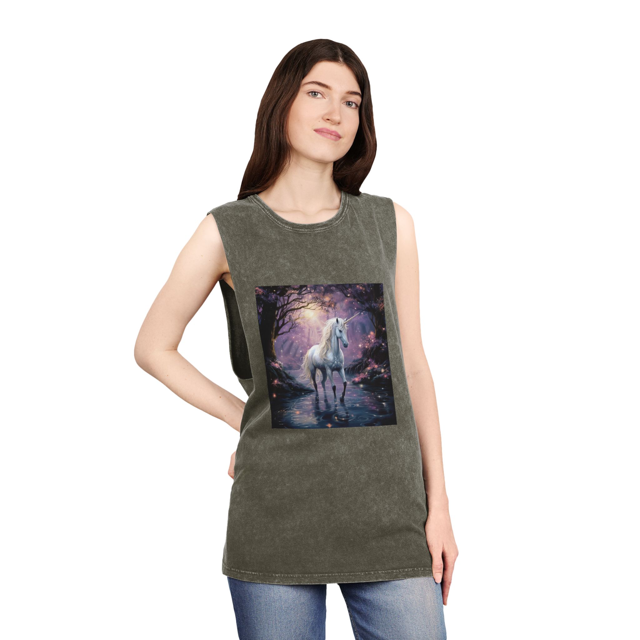Unicorn Forest With Stream Water Trees Generative Ai Unisex Stonewash Tank Top - Image 8
