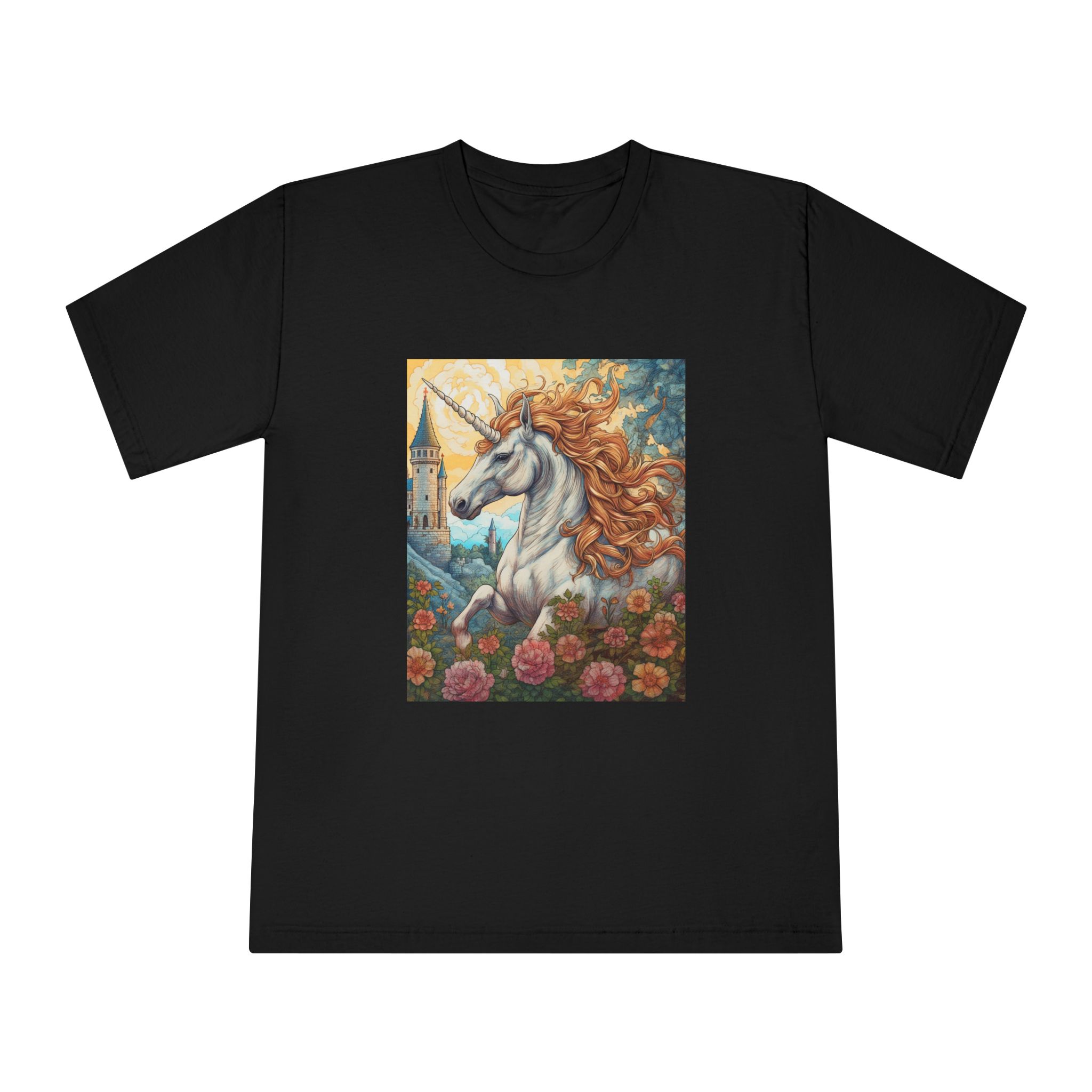 Painting Unicorn With Long Mane Castle Background Generative Ai Unisex Classic Crewneck T Shirt - Image 5