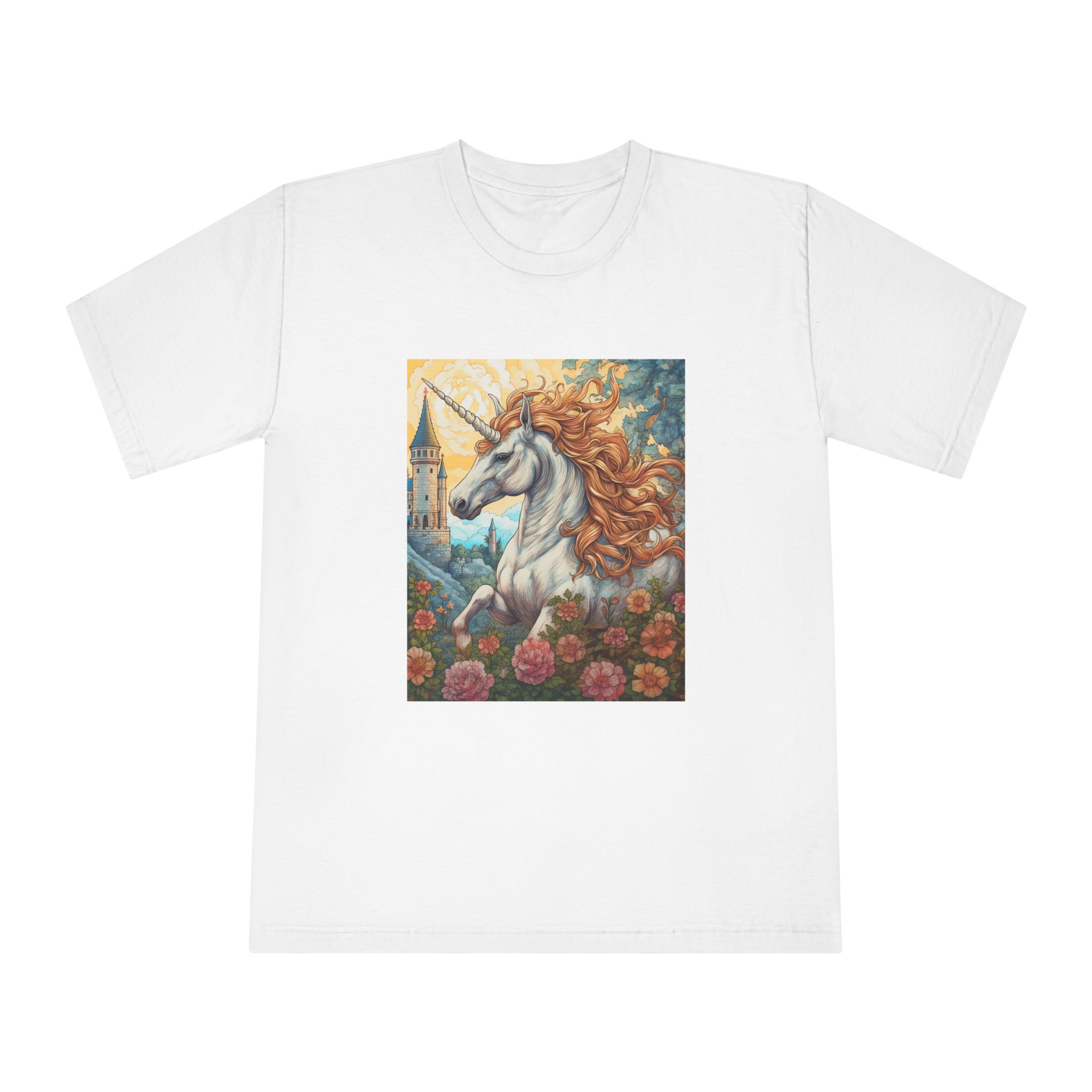 Painting Unicorn With Long Mane Castle Background Generative Ai Unisex Classic Crewneck T Shirt