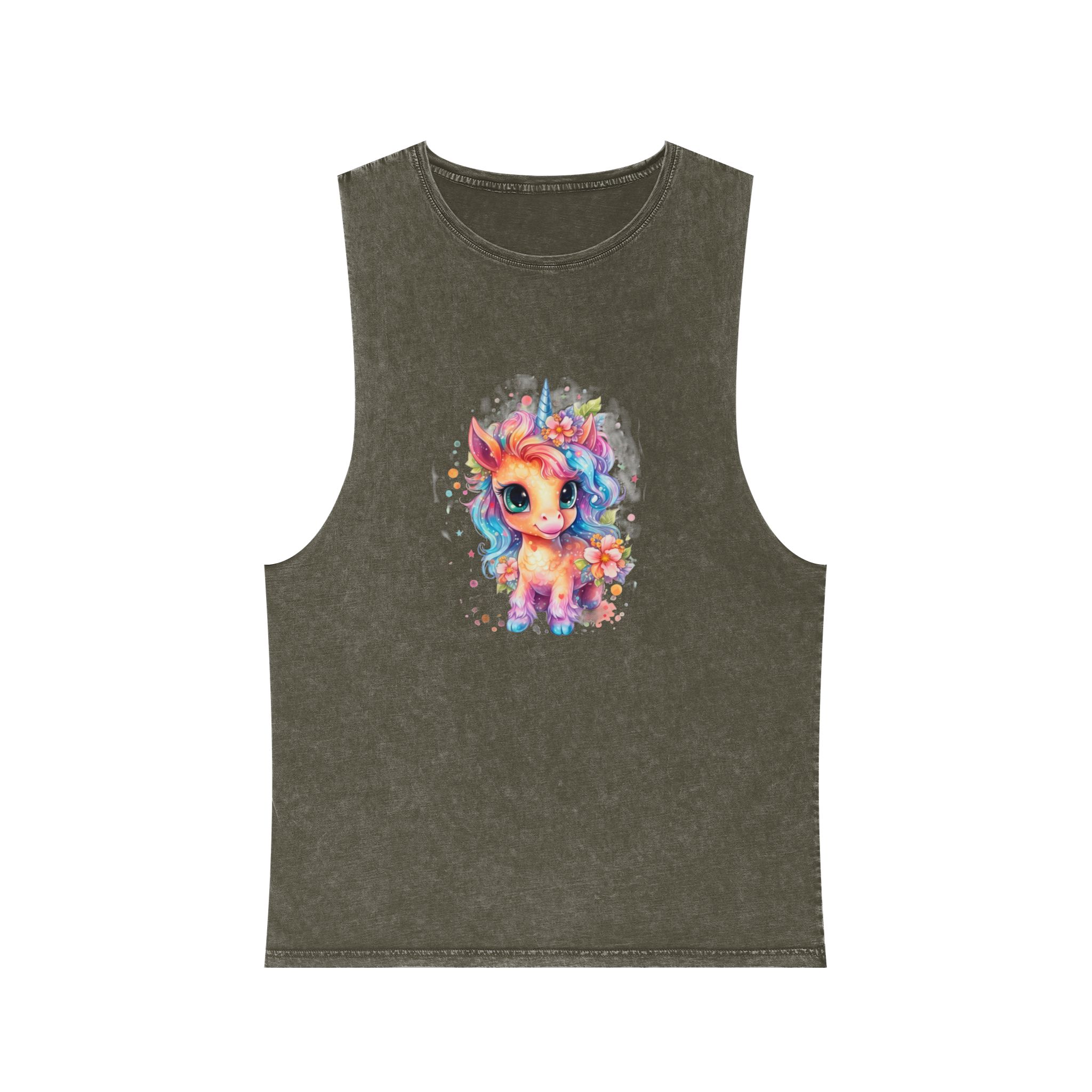 Cute Colorful Magic Unicorn With Flowers Watercolor Style (1) Copia Unisex Stonewash Tank Top - Image 5