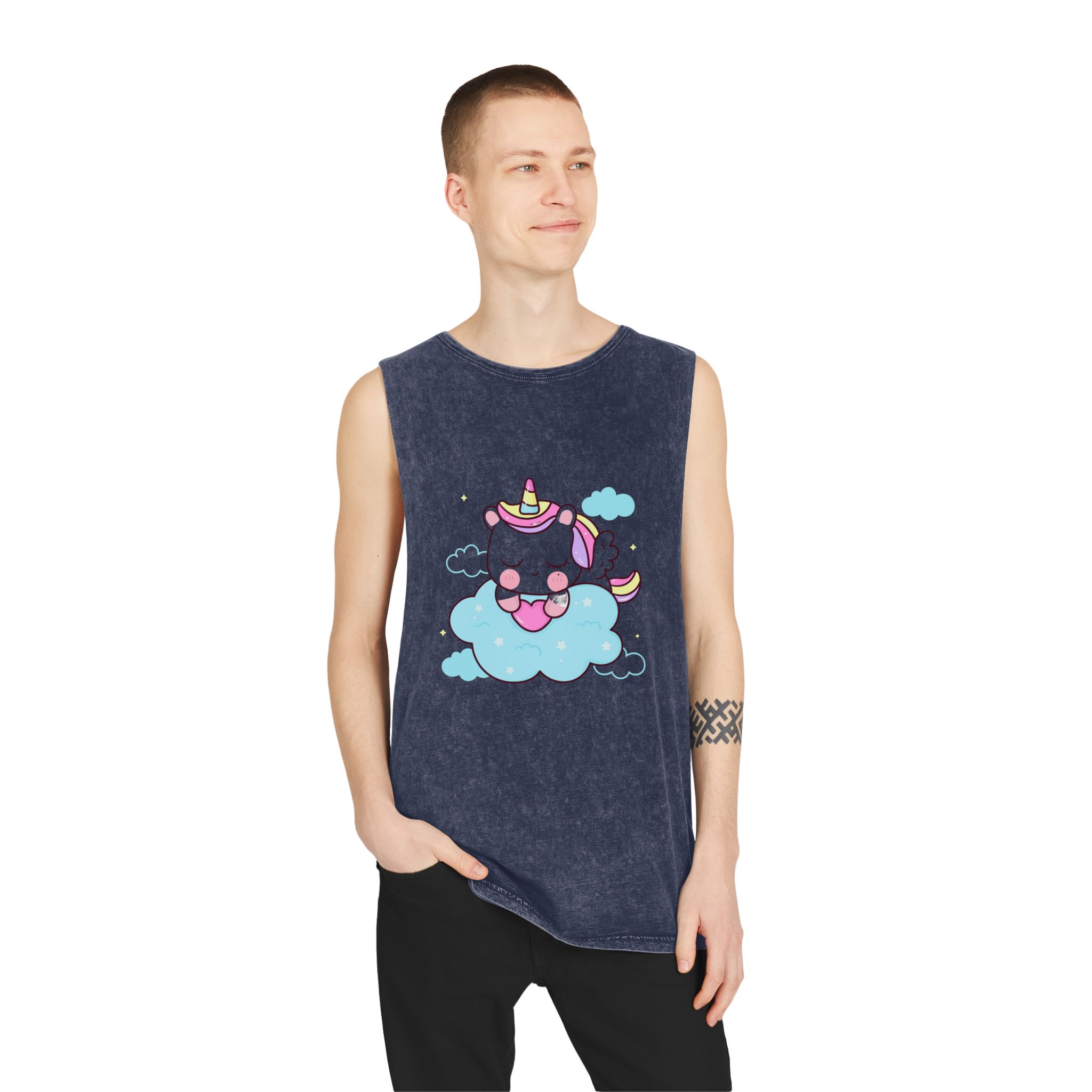 Cute Unicorn Pegasus Cartoon Sleep Holding Heart Cloud Kawaii Animal Unisex Stonewash Tank Top - Image 15