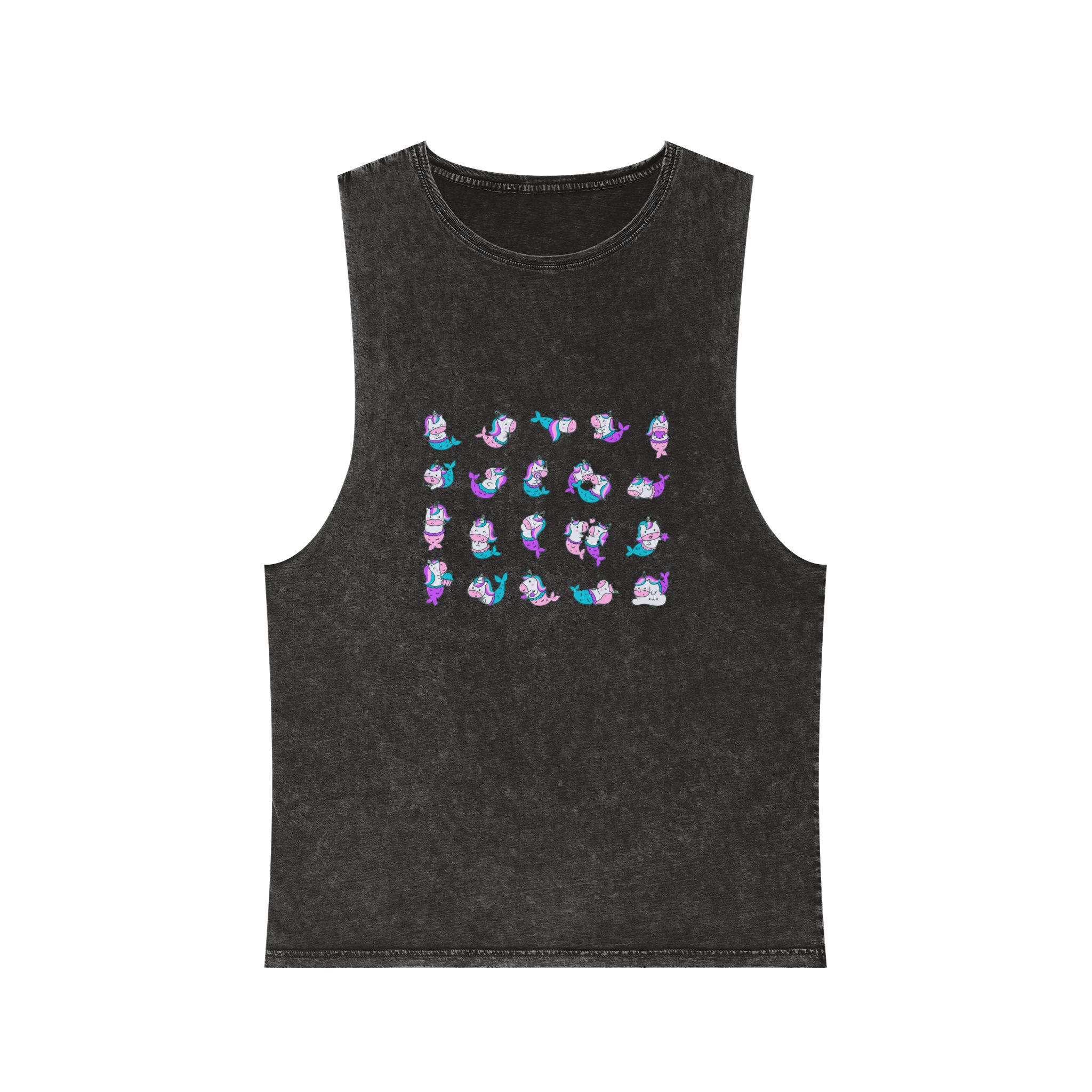 Cute Kawaii Unicorn Mermaid Fantasy Cartoon Characters Hand Drawn Style Unisex Stonewash Tank Top