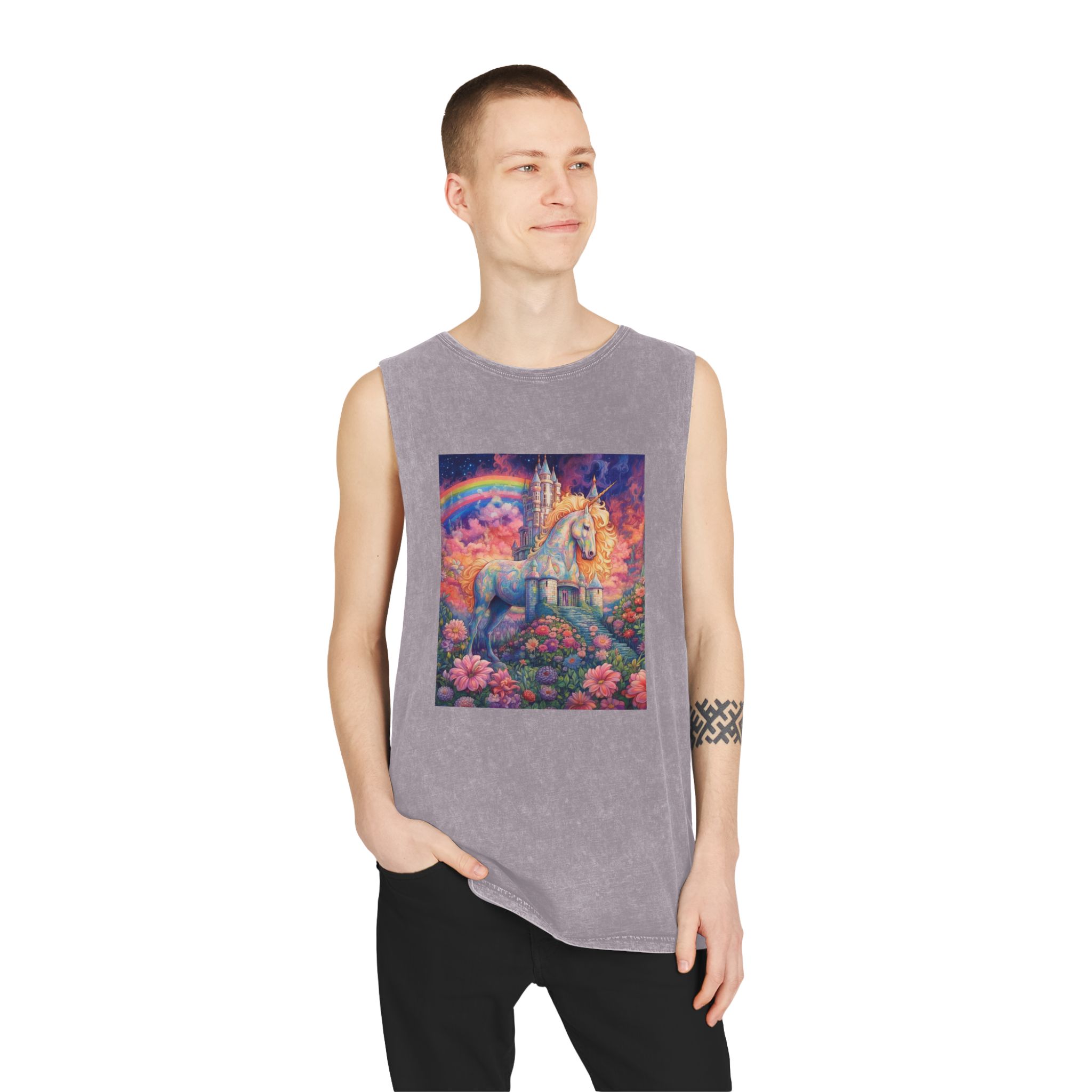 Painting Unicorn Field Flowers With Castle Background Generative Ai Unisex Stonewash Tank Top - Image 19