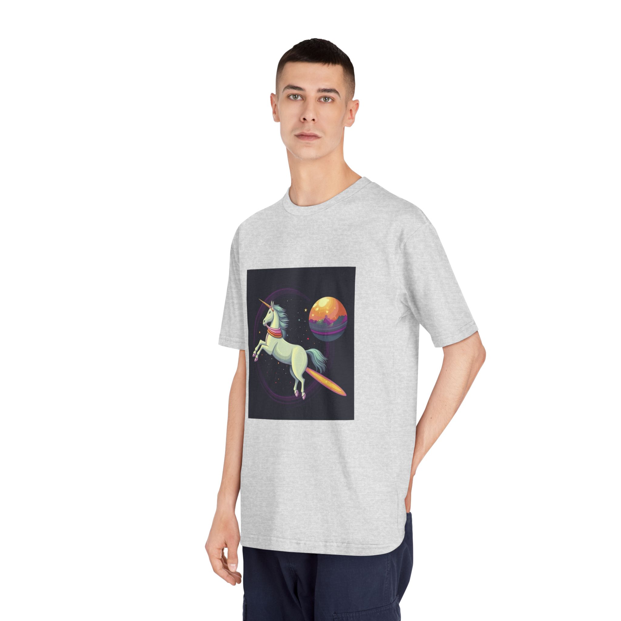 Unicorn With Long Tail Is Flying Through Circle With Moon Stars Unisex Classic Crewneck T Shirt - Image 16