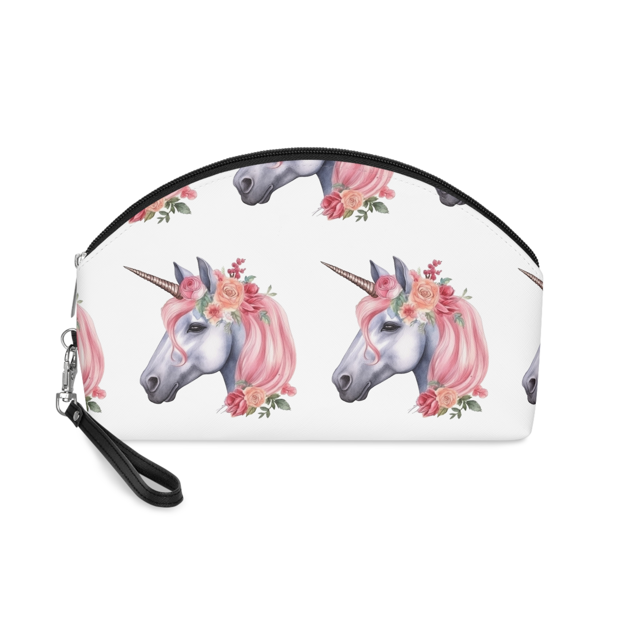 Unicorn With Pink Mane Flowers Head Generative Ai Makeup Bag