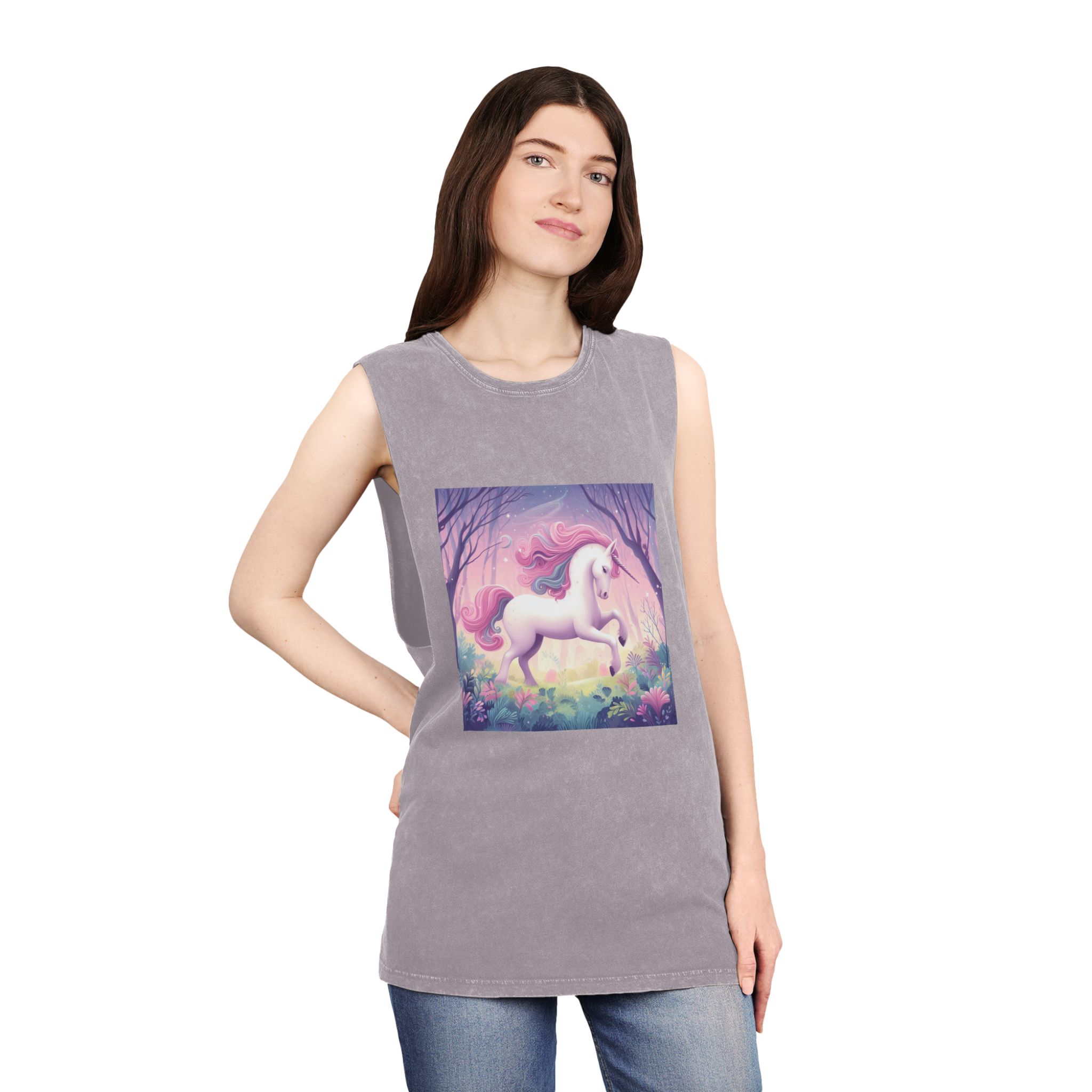 Beautiful Unicorn Running Magical Meadow Unicorn Background Images Whimsical Unicorn (25) Unisex Stonewash Tank Top - Image 20
