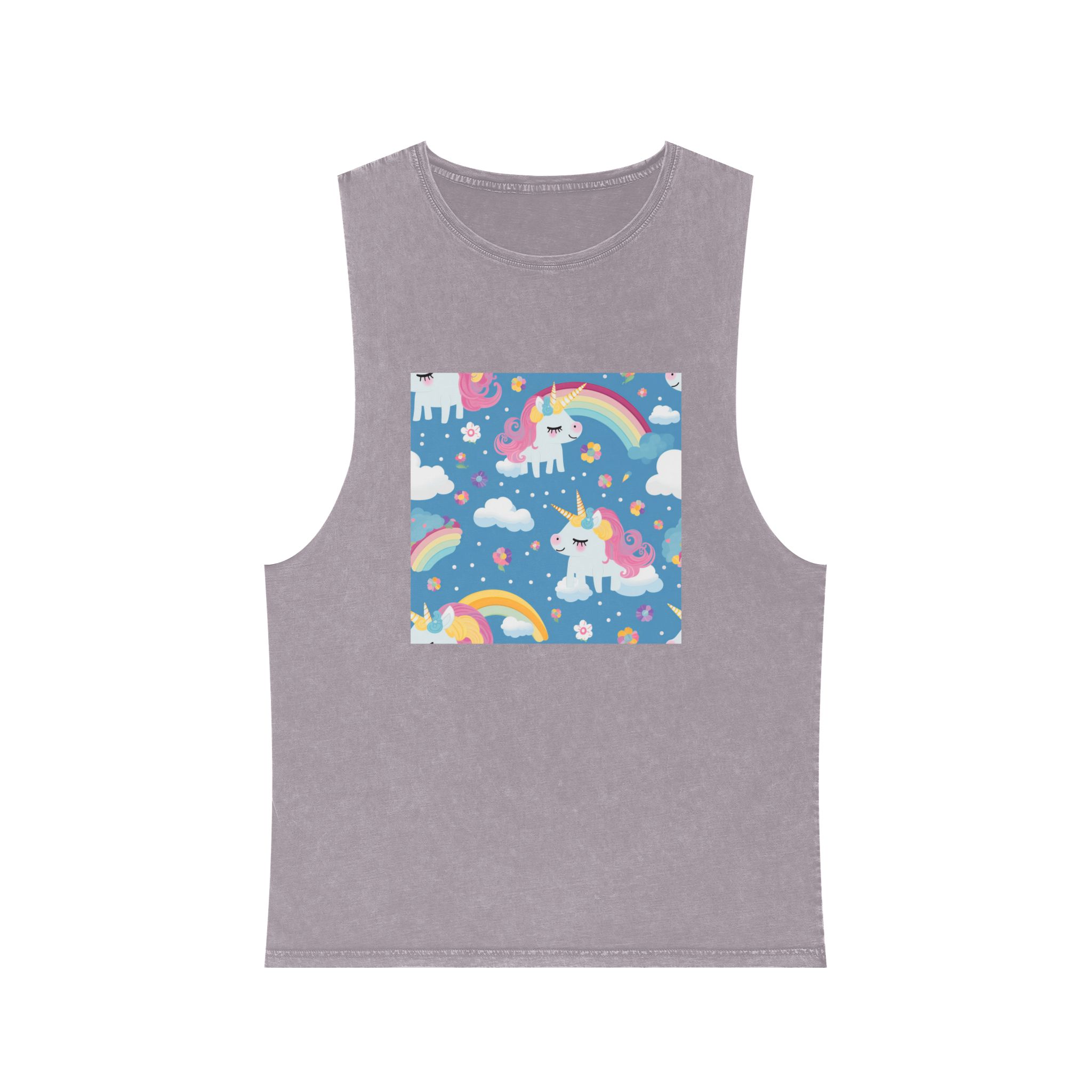 Playful Unicorns Flowers Clouds Rainbows Ice Creams Pastel Background (17) Unisex Stonewash Tank Top - Image 17