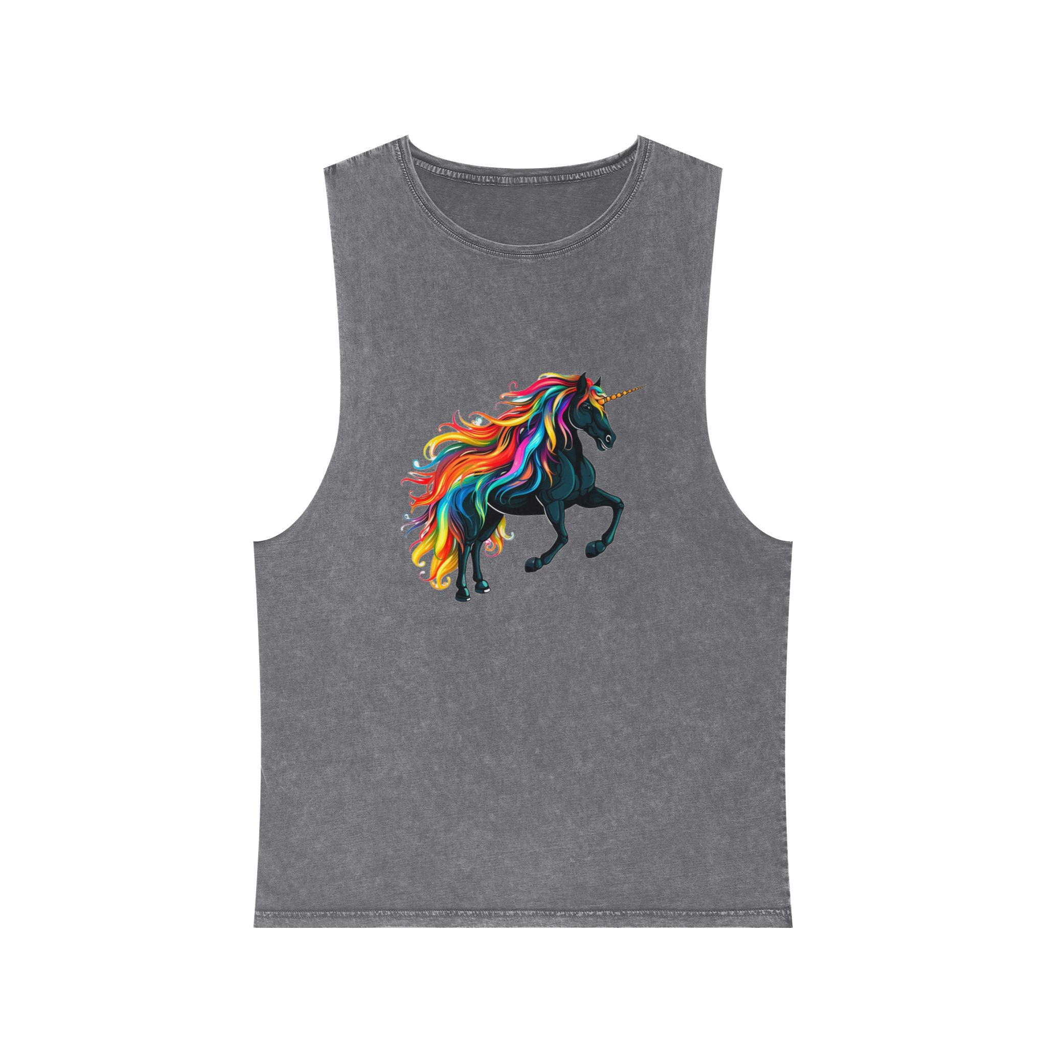 Close Up Black Unicorn With Rainbow Mane Generative Ai Unisex Stonewash Tank Top - Image 9