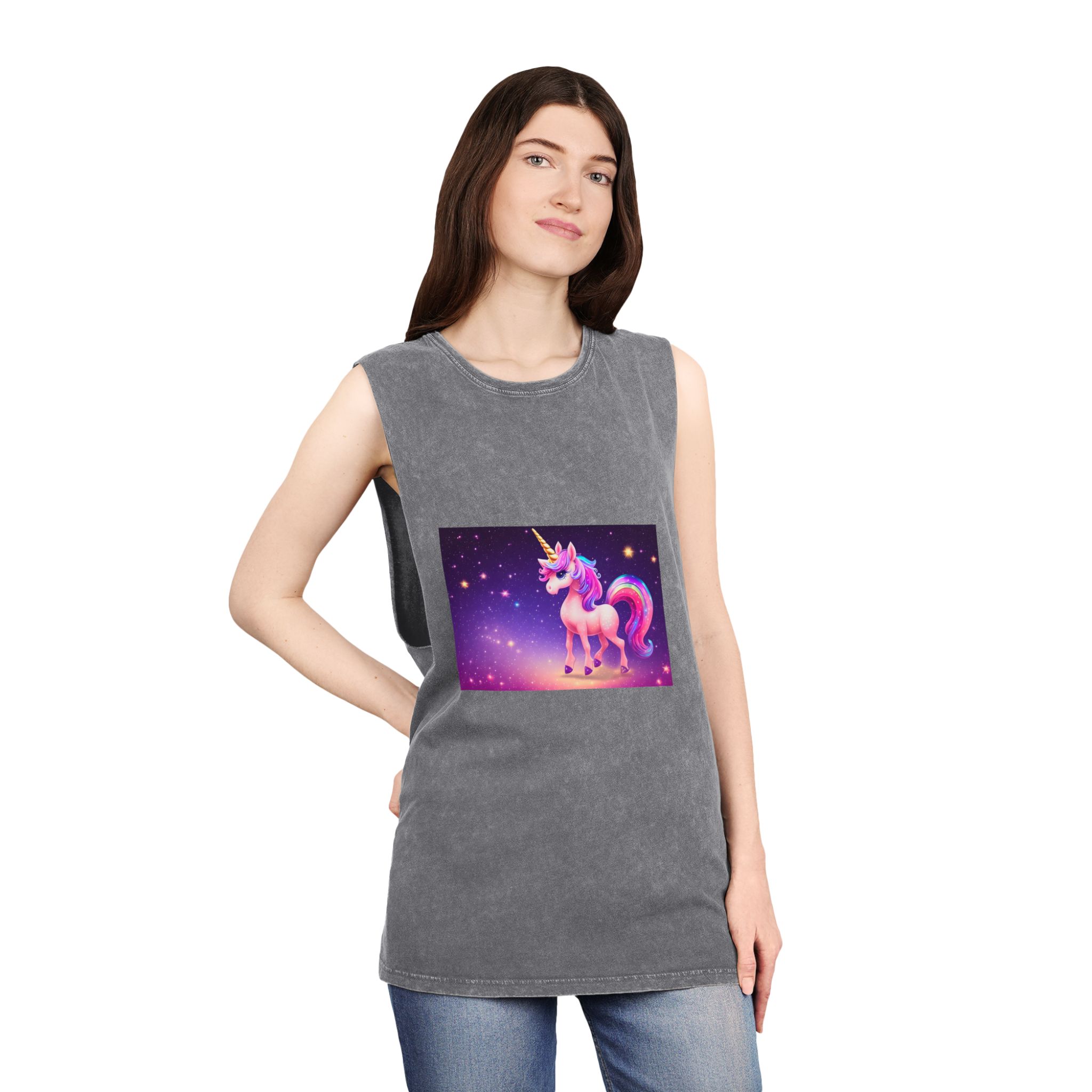 Cute Colorful Magical Adorable Kawaii Unicorn Sparles Violet Background Unisex Stonewash Tank Top - Image 12