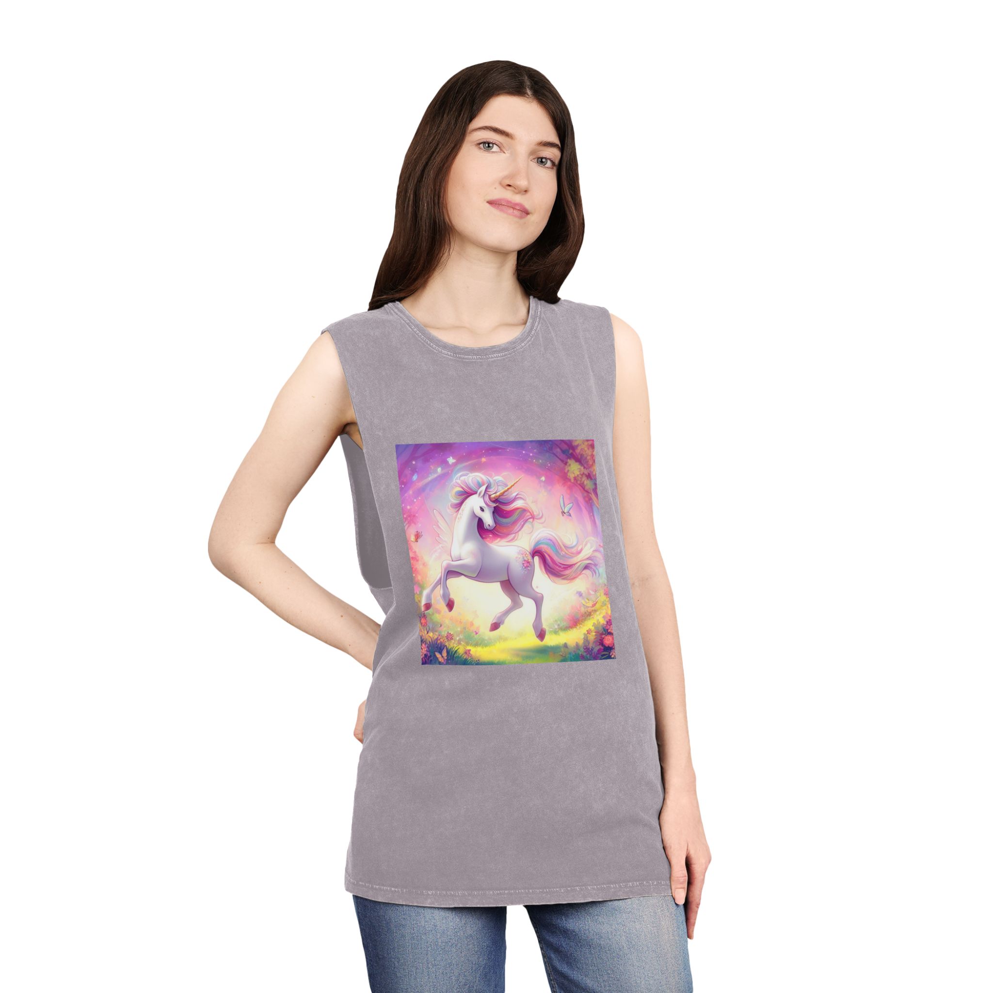 Beautiful Unicorn Running Magical Meadow Unicorn Background Images Whimsical Unicorn (44) Unisex Stonewash Tank Top - Image 20