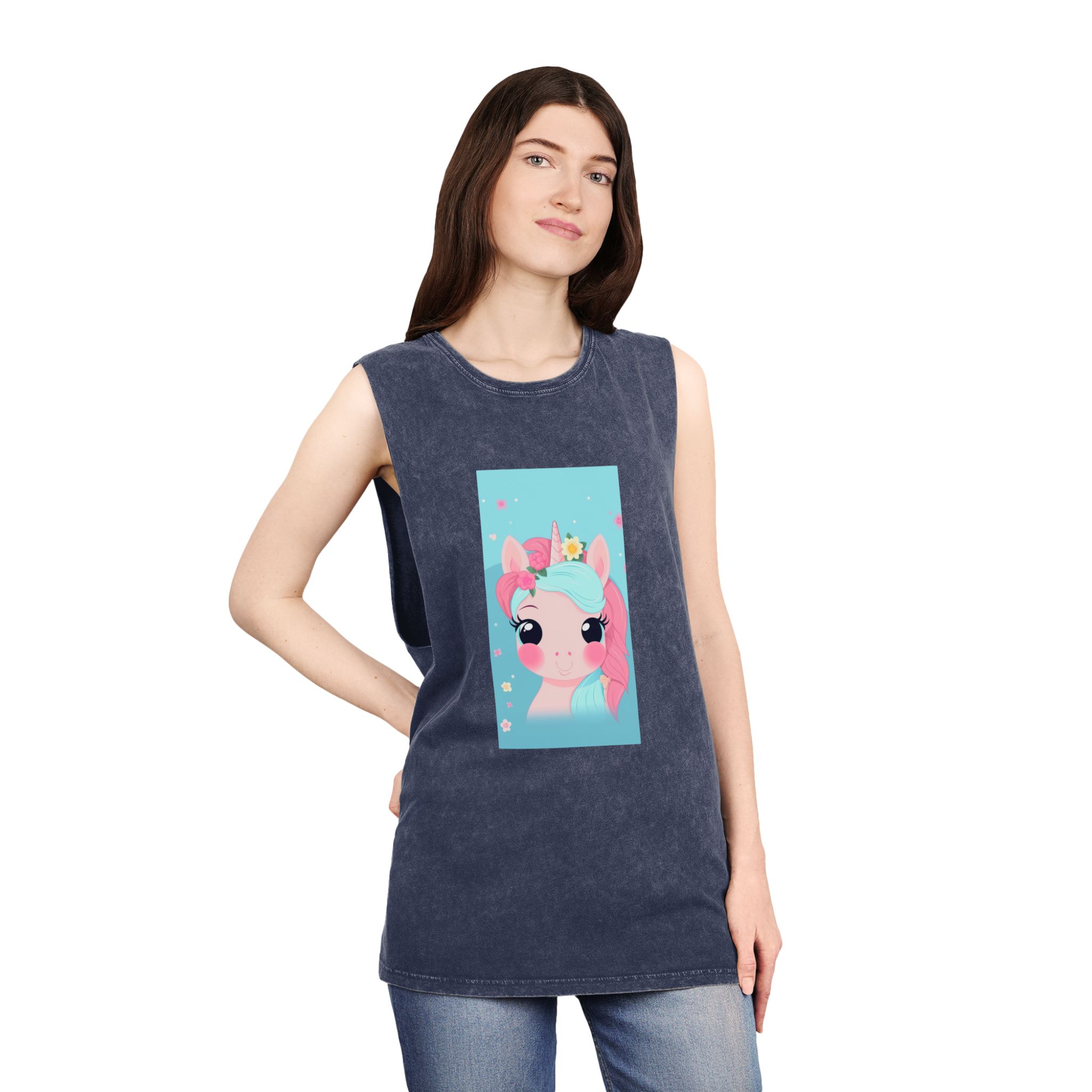 Close Up Cartoon Unicorn With Flower Crown Her Head Generative Ai Unisex Stonewash Tank Top - Image 16