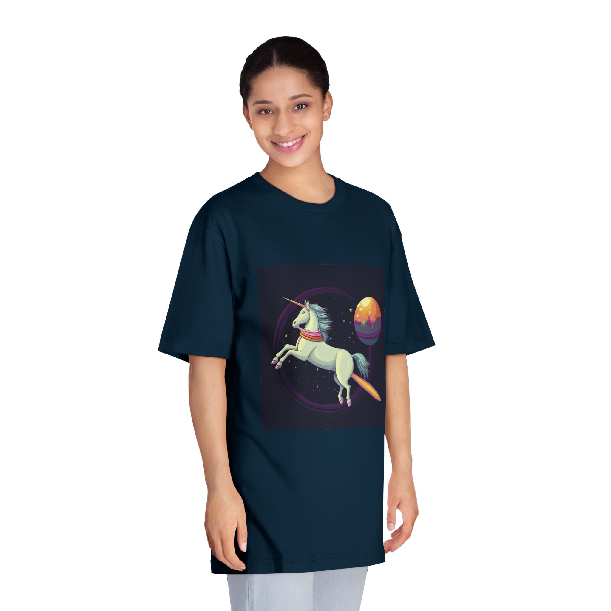Unicorn With Long Tail Is Flying Through Circle With Moon Stars Unisex Classic Crewneck T Shirt - Image 19