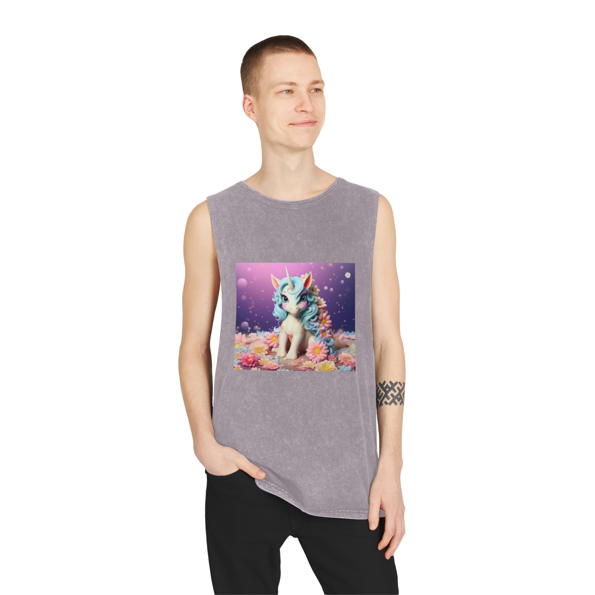 There Is White Unicorn With Blue Hair Flowers Table Generative Ai Unisex Stonewash Tank Top - Image 19