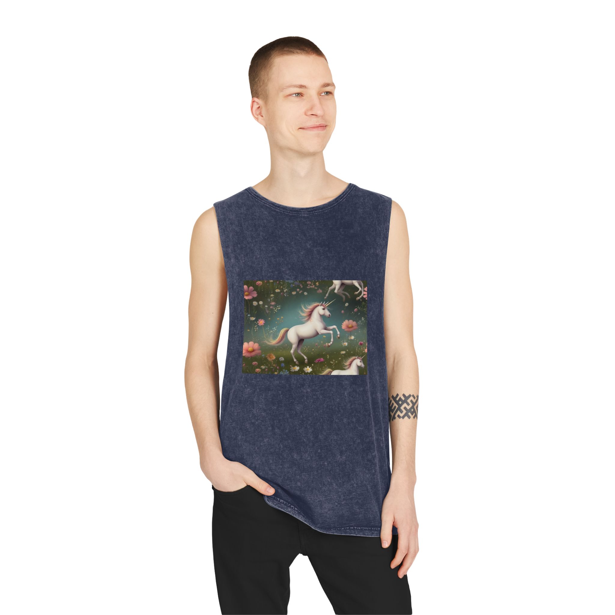 Beautiful Unicorn Running Magical Meadow Unicorn Background Images Whimsical Unicorn (13) Unisex Stonewash Tank Top - Image 15