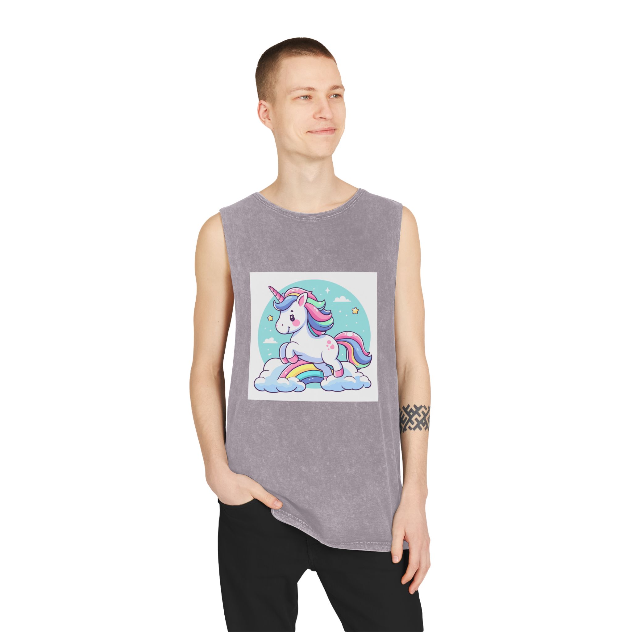 Cartoon Unicorn With Rainbow Its Tail Unisex Stonewash Tank Top - Image 19