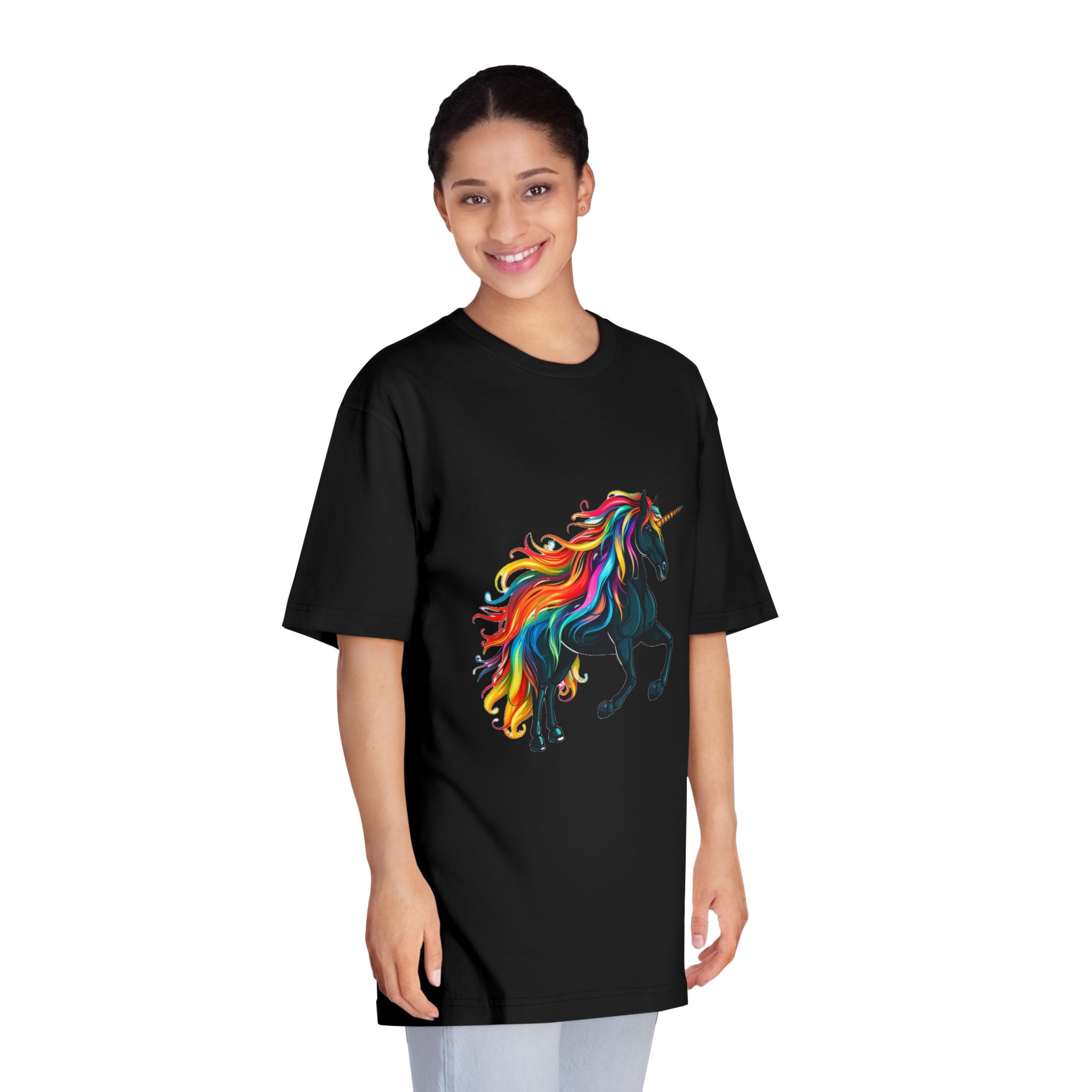 Close Up Black Unicorn With Rainbow Mane Generative Ai Unisex Classic Crewneck T Shirt - Image 7