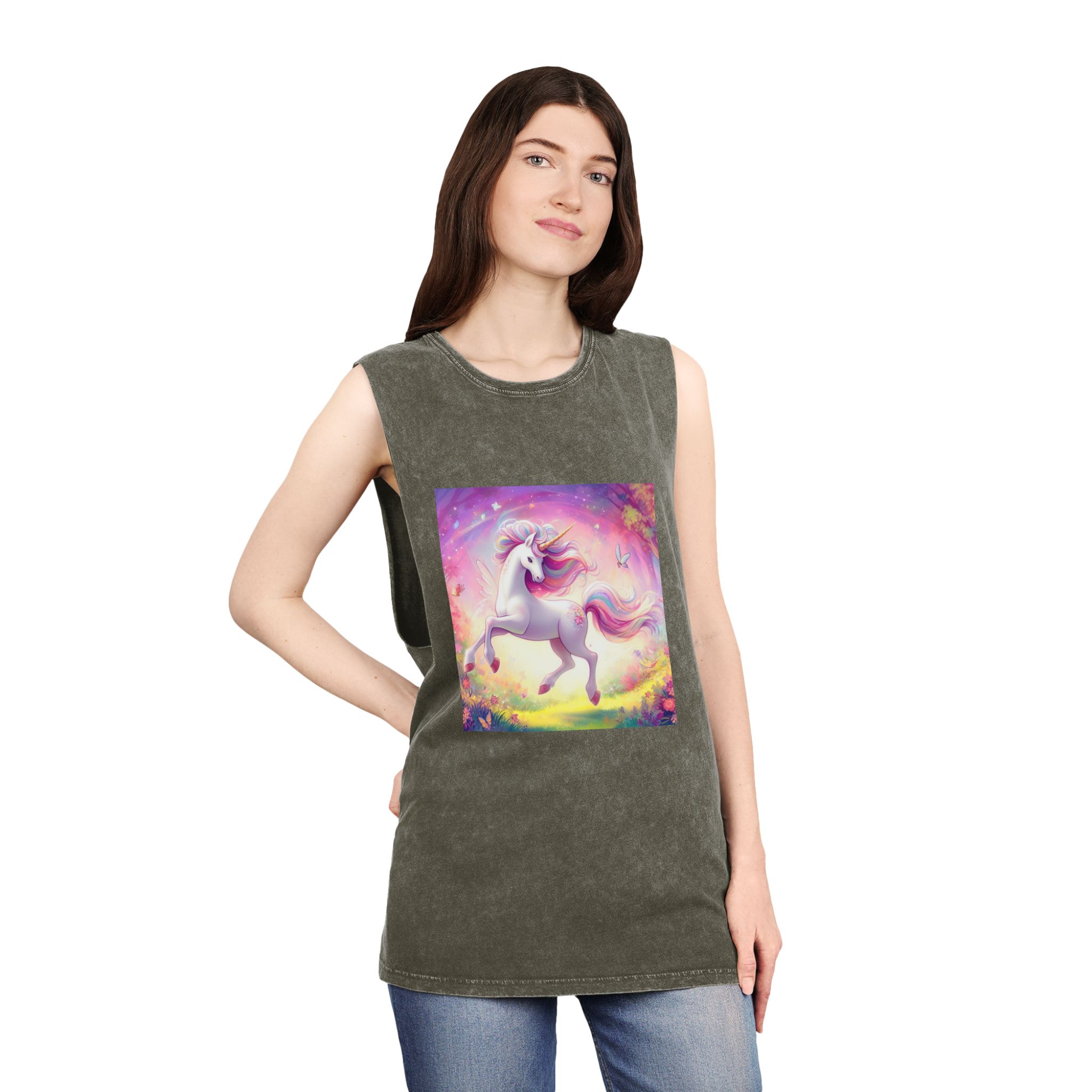 Beautiful Unicorn Running Magical Meadow Unicorn Background Images Whimsical Unicorn (44) Unisex Stonewash Tank Top - Image 8