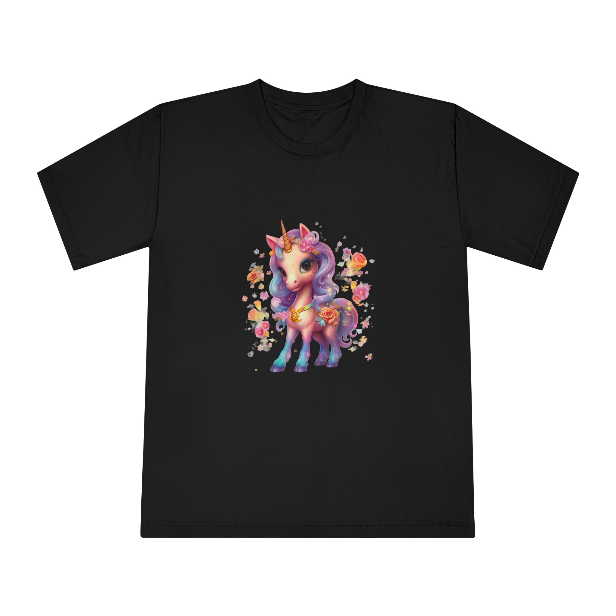 Illustration Unicorn Cartoon With Flower White Background Generative Ai (1) Unisex Classic Crewneck T Shirt - Image 5
