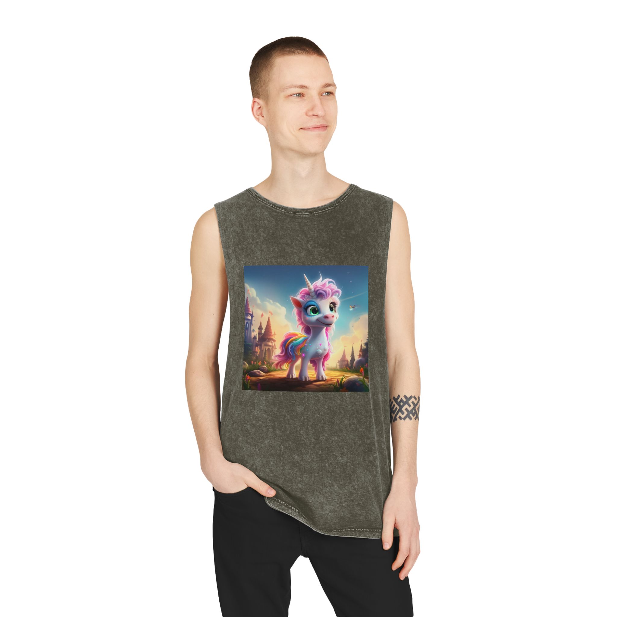 Unicorn Standing Rock Front Castle Generative Ai Unisex Stonewash Tank Top - Image 7
