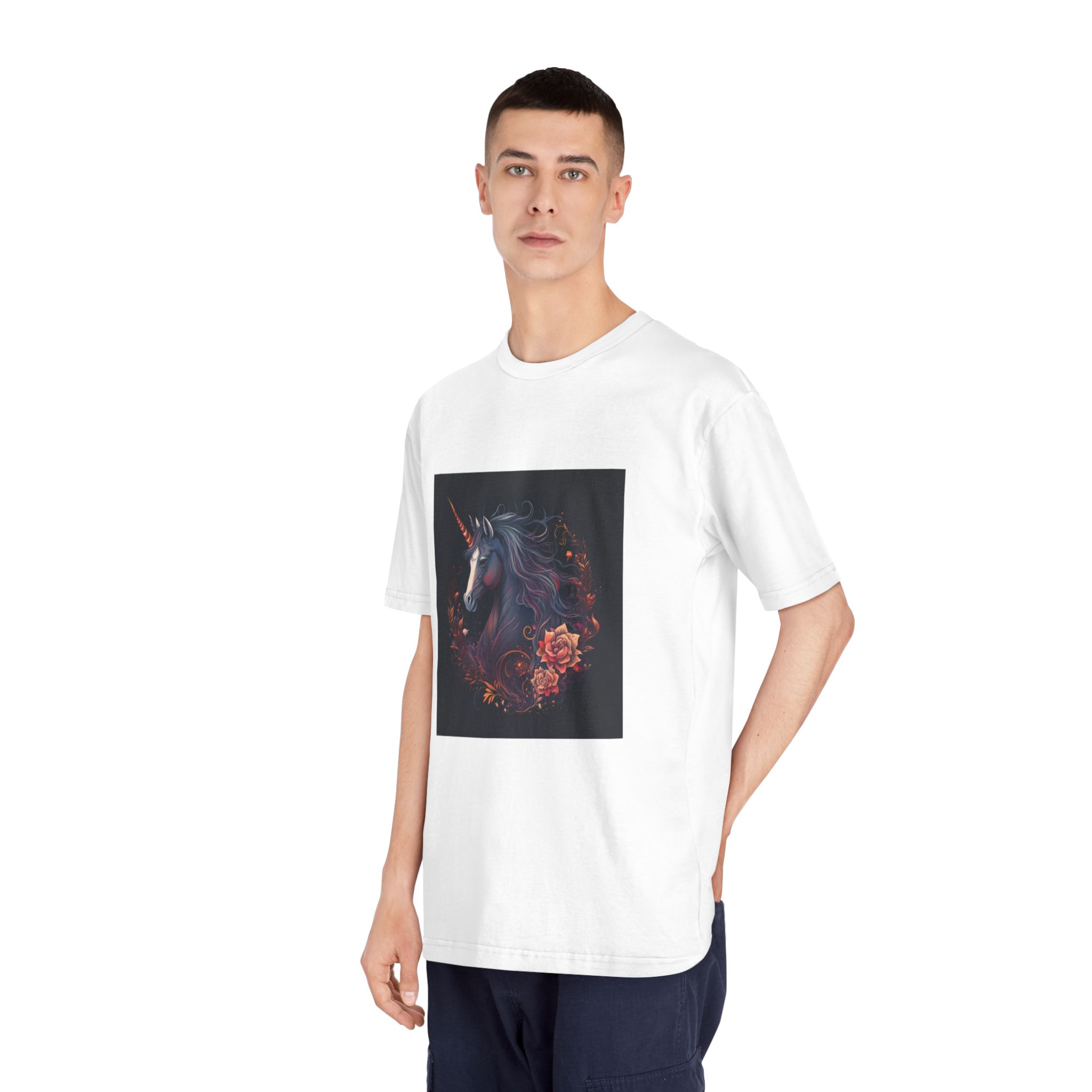 Unicorn With Long Mane Flowers Dark Background Generative Ai Unisex Classic Crewneck T Shirt - Image 4